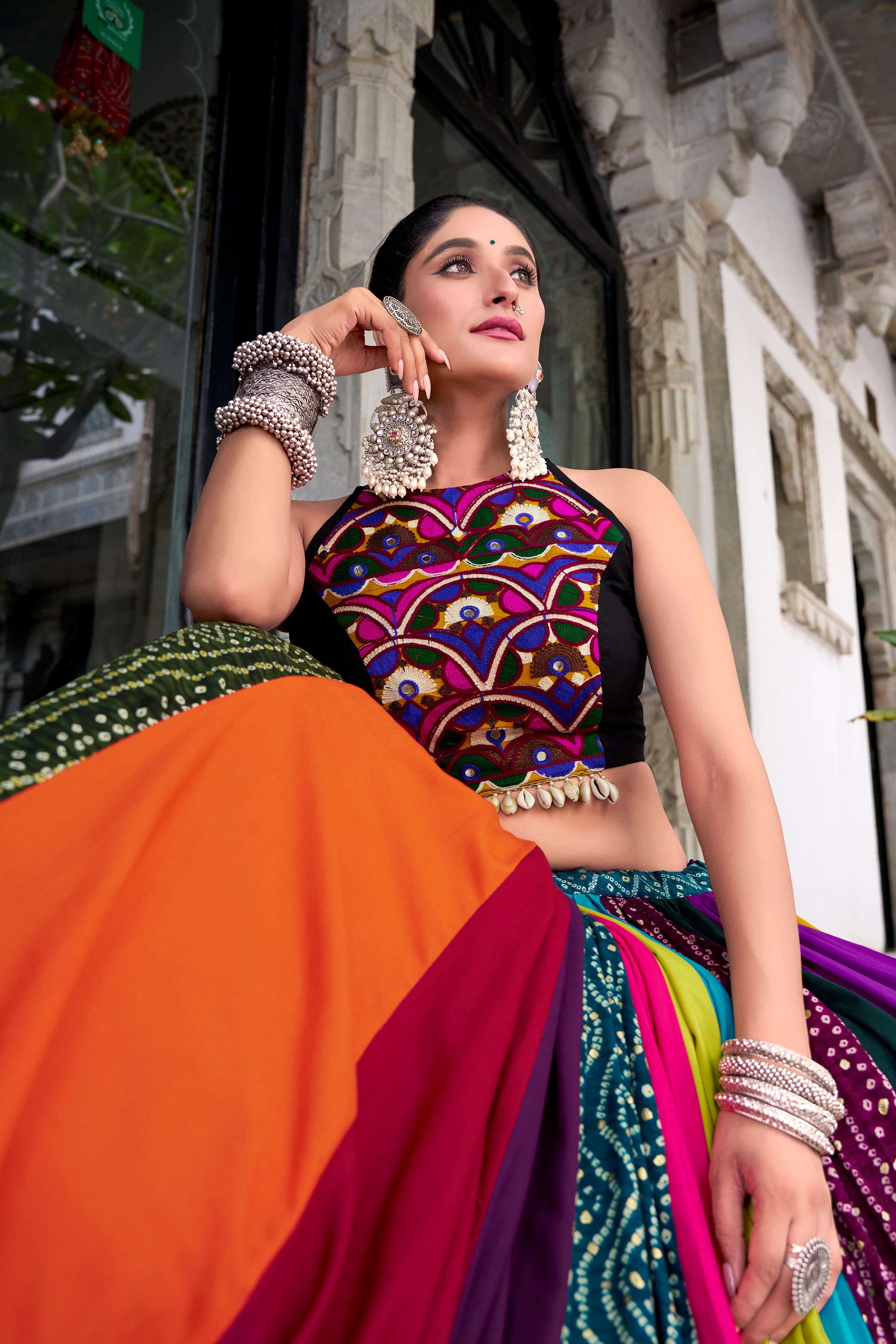 Wrapped in a rainbow color Choli Printed With Gota Patti Touch Up