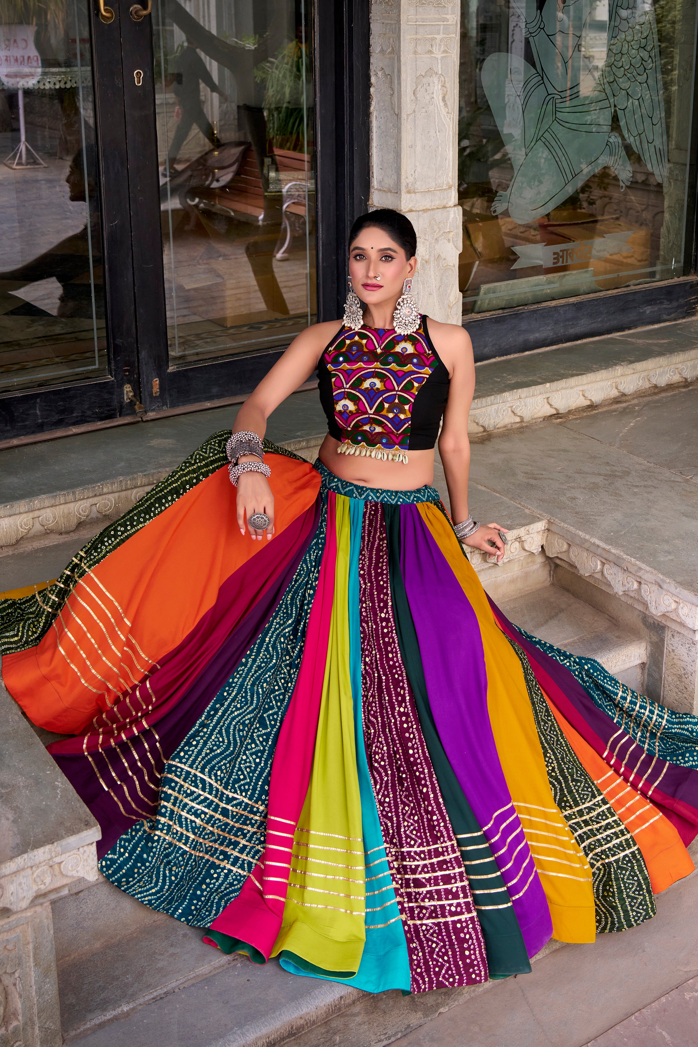 Wrapped in a rainbow color Choli Printed With Gota Patti Touch Up