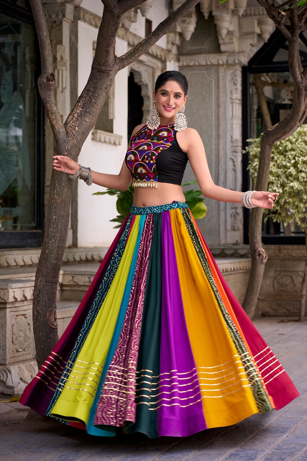 Wrapped in a rainbow color Choli Printed With Gota Patti Touch Up