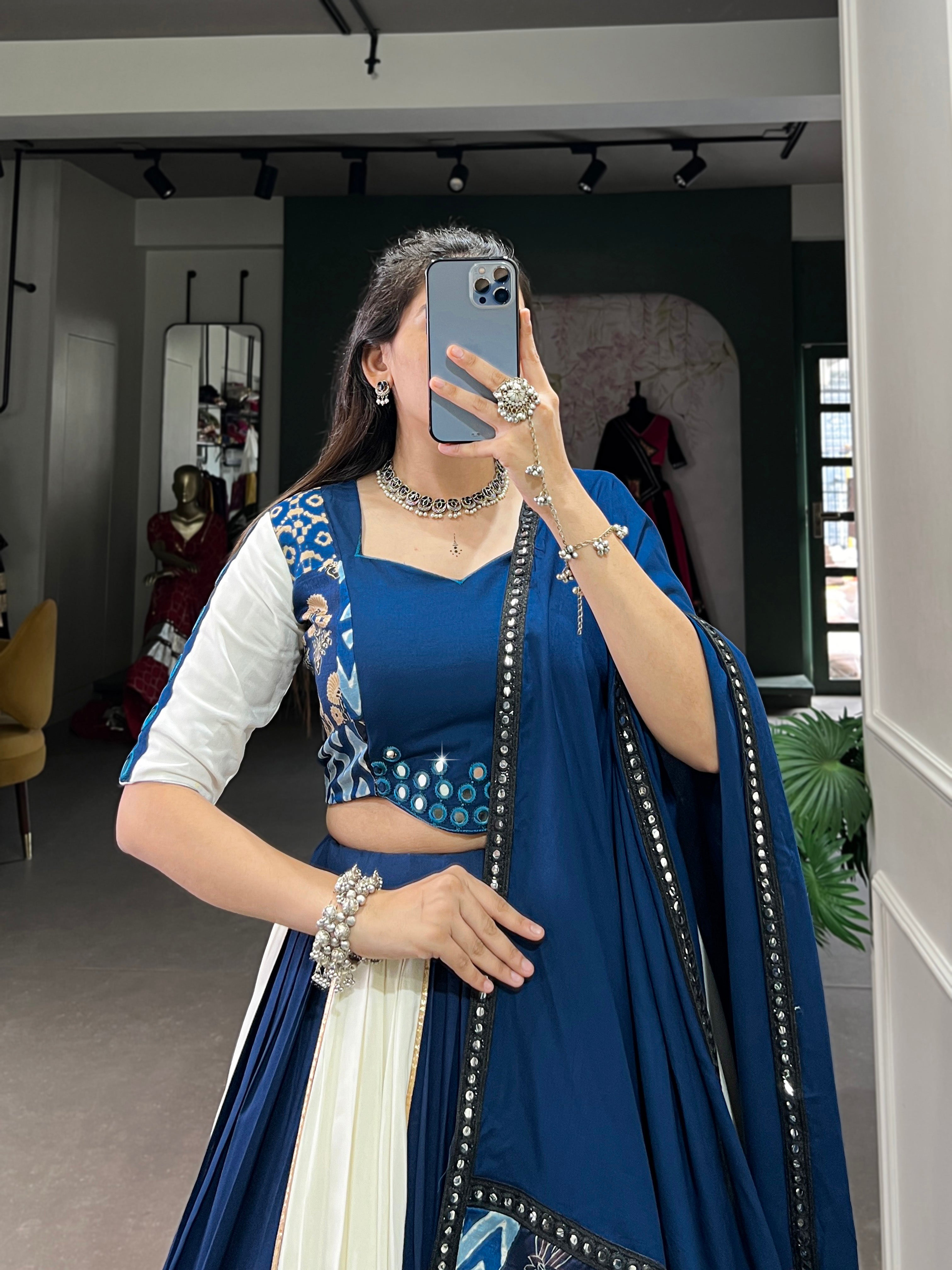Pure Rayon Traditional Choli with Dupatta – Blue & White Printed Design