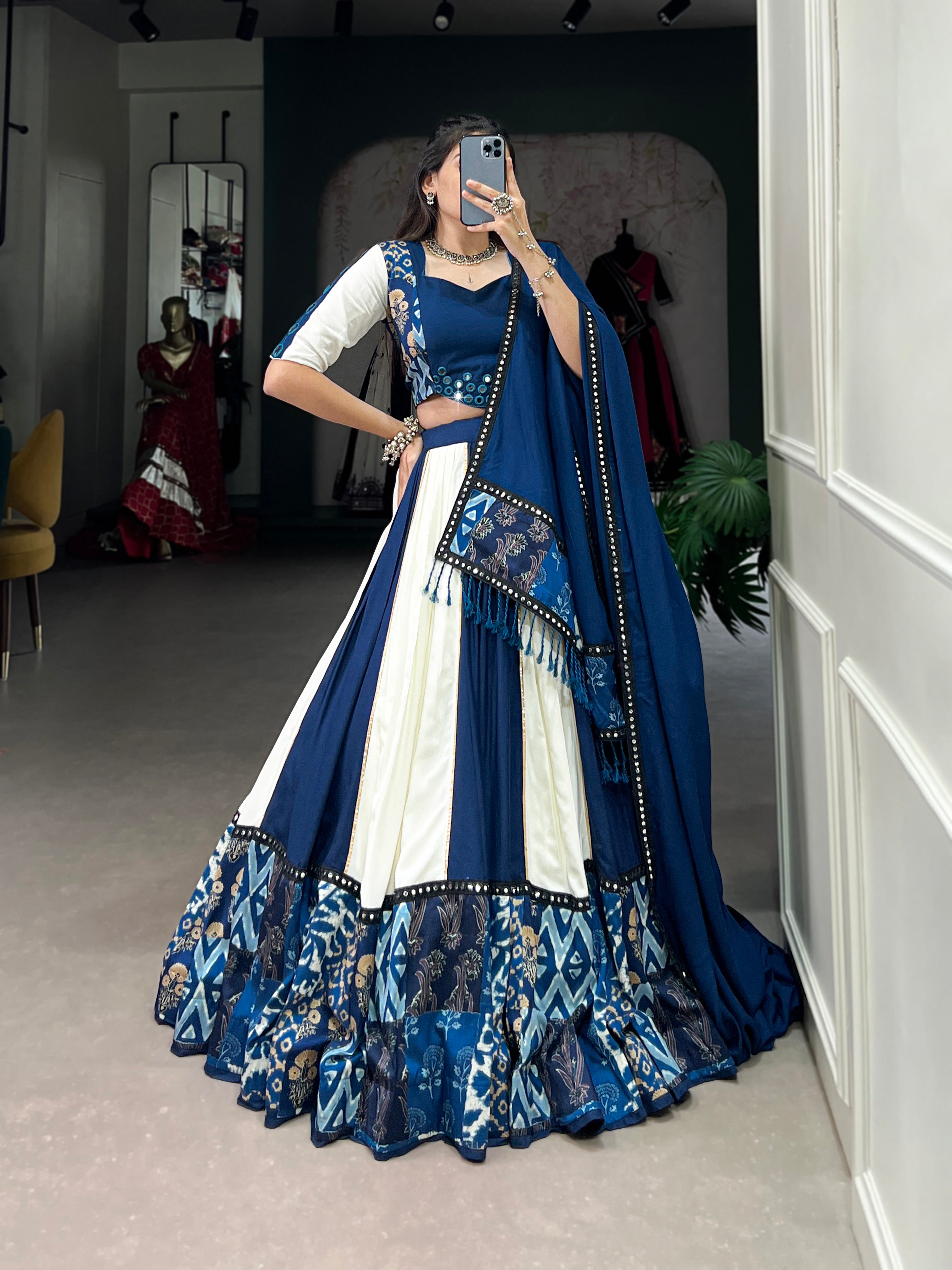 Pure Rayon Traditional Choli with Dupatta – Blue & White Printed Design