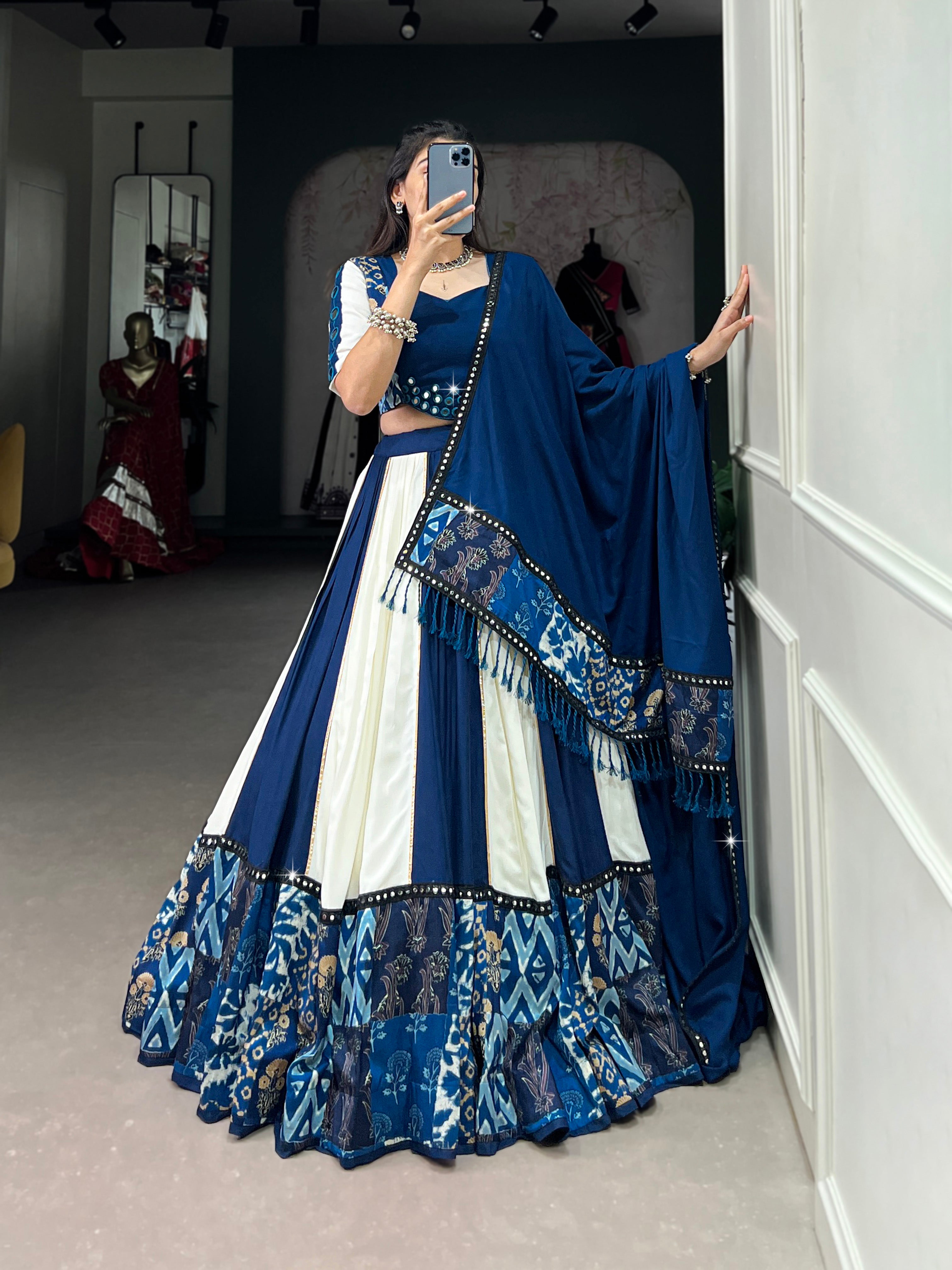 Pure Rayon Traditional Choli with Dupatta – Blue & White Printed Design