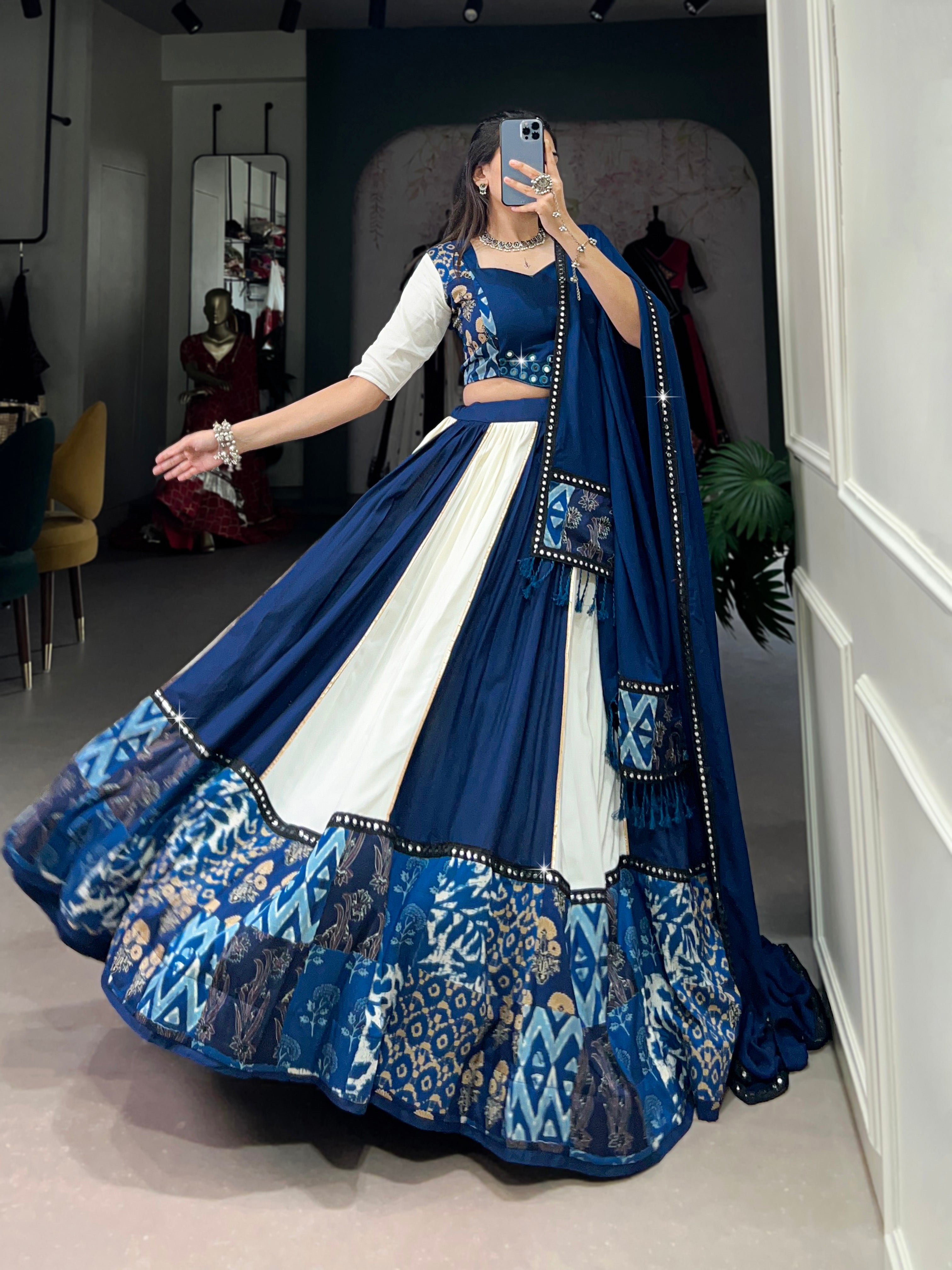 Pure Rayon Traditional Choli with Dupatta – Blue & White Printed Design