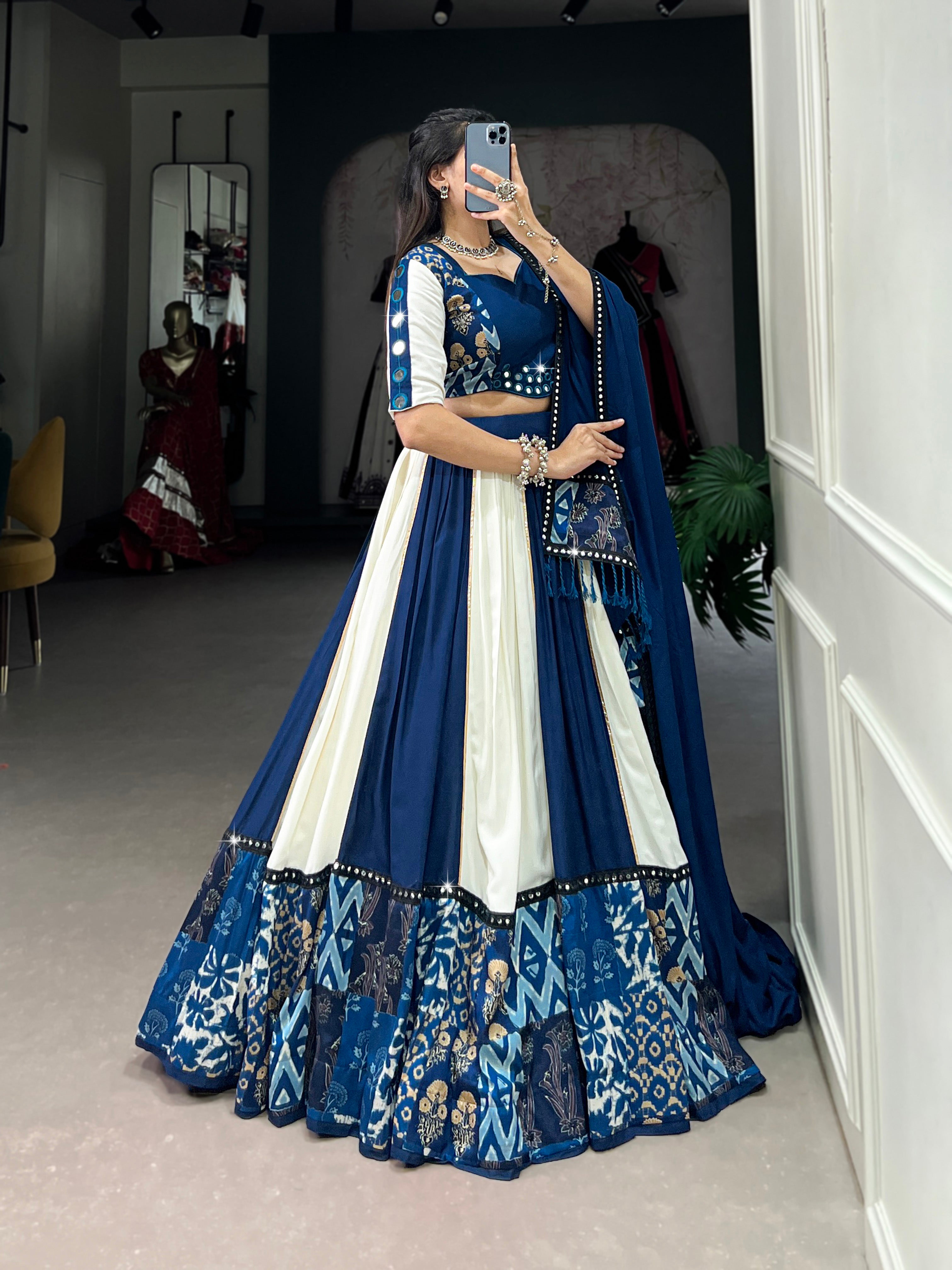 Pure Rayon Traditional Choli with Dupatta – Blue & White Printed Design