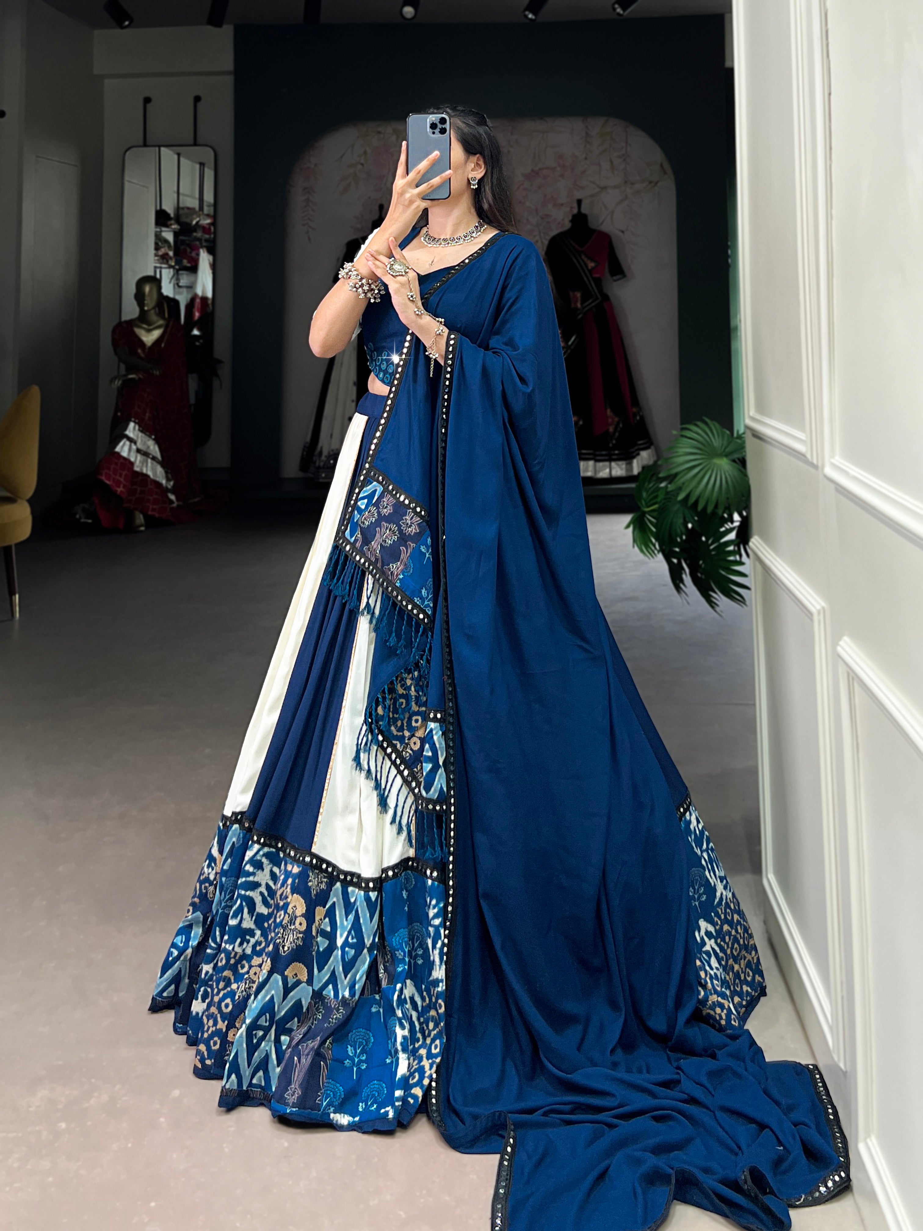 Pure Rayon Traditional Choli with Dupatta – Blue & White Printed Design