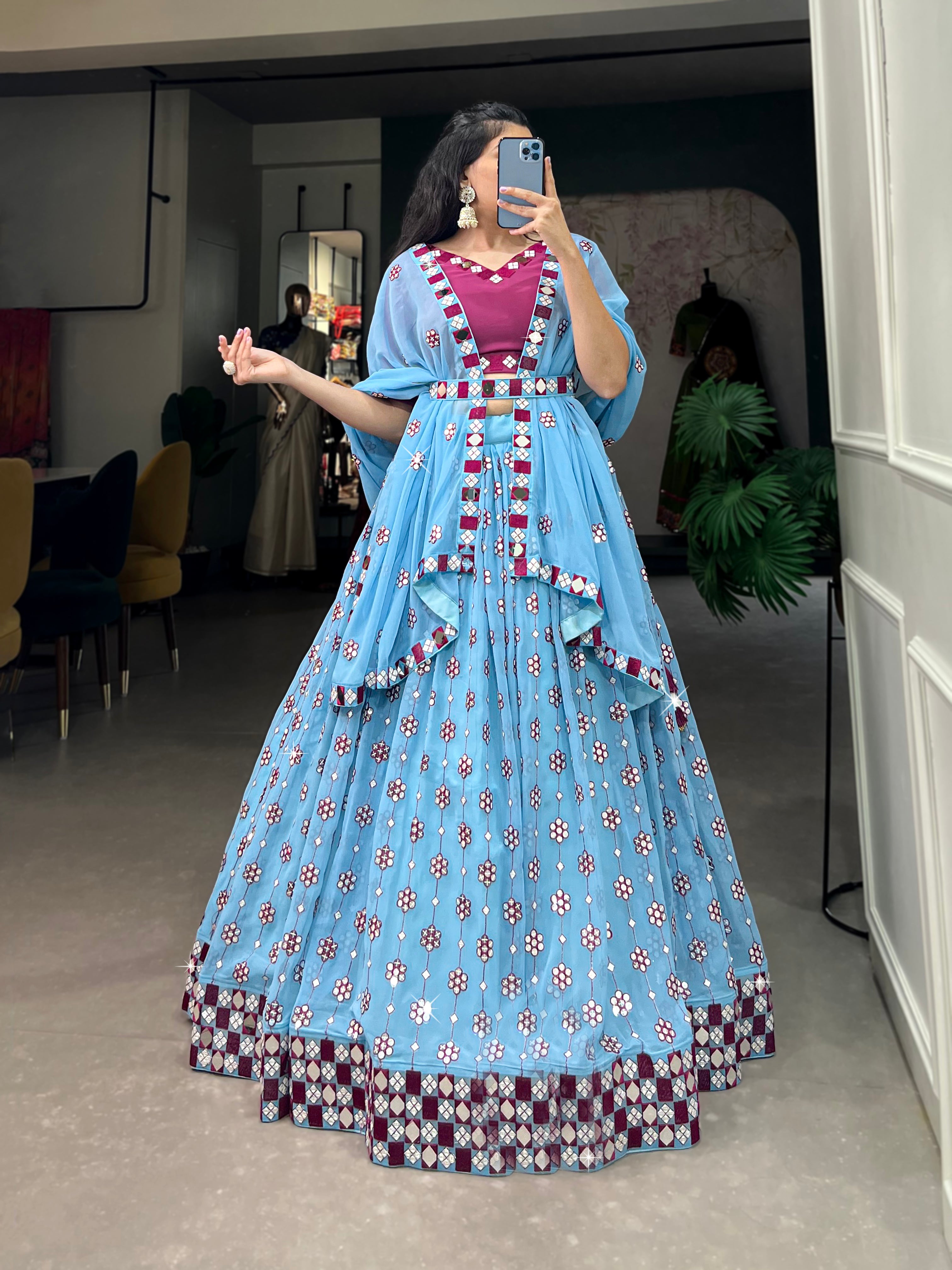 Designer Sky Blue Navratri Chaniya Choli with Cape Sleeves