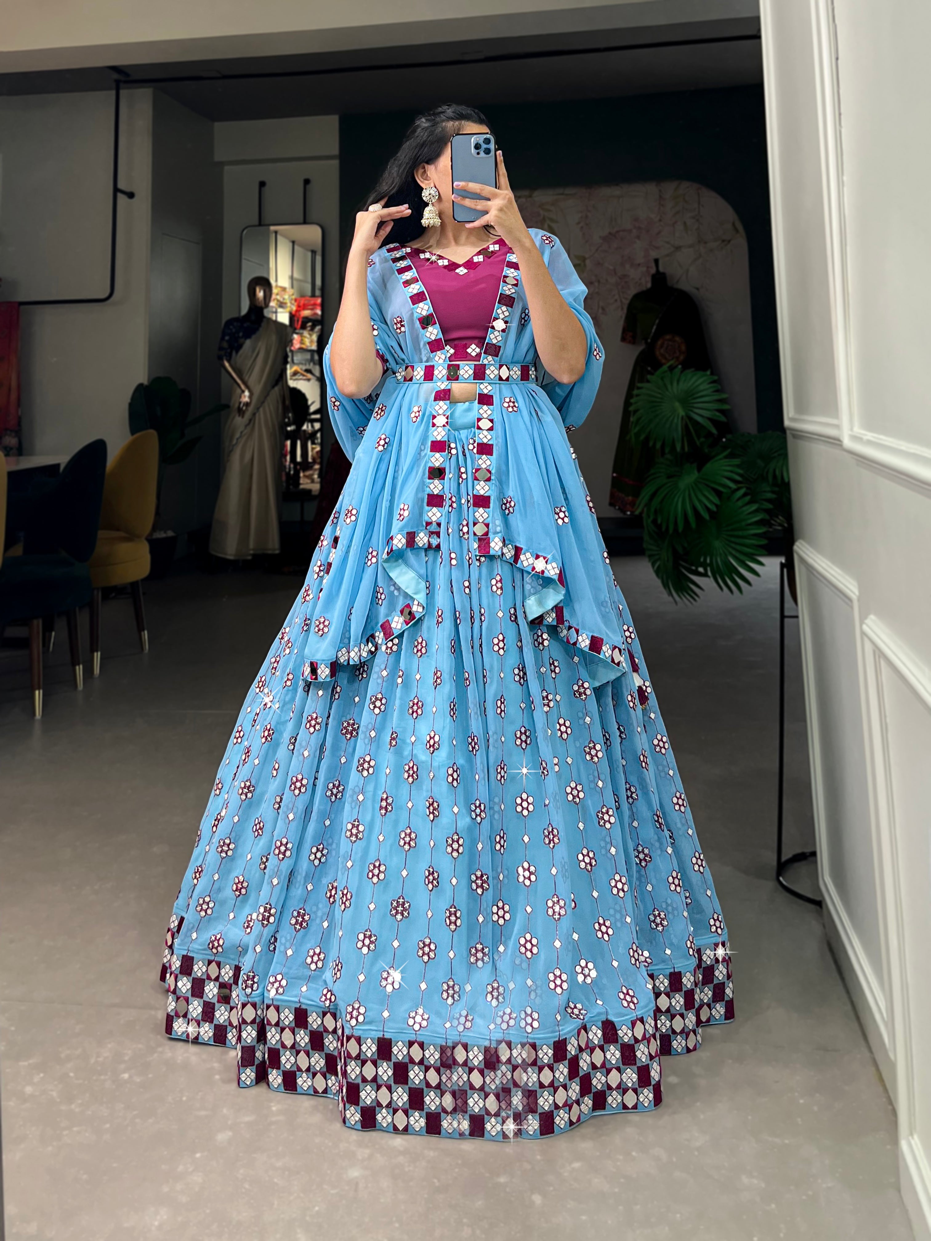 Designer Sky Blue Navratri Chaniya Choli with Cape Sleeves