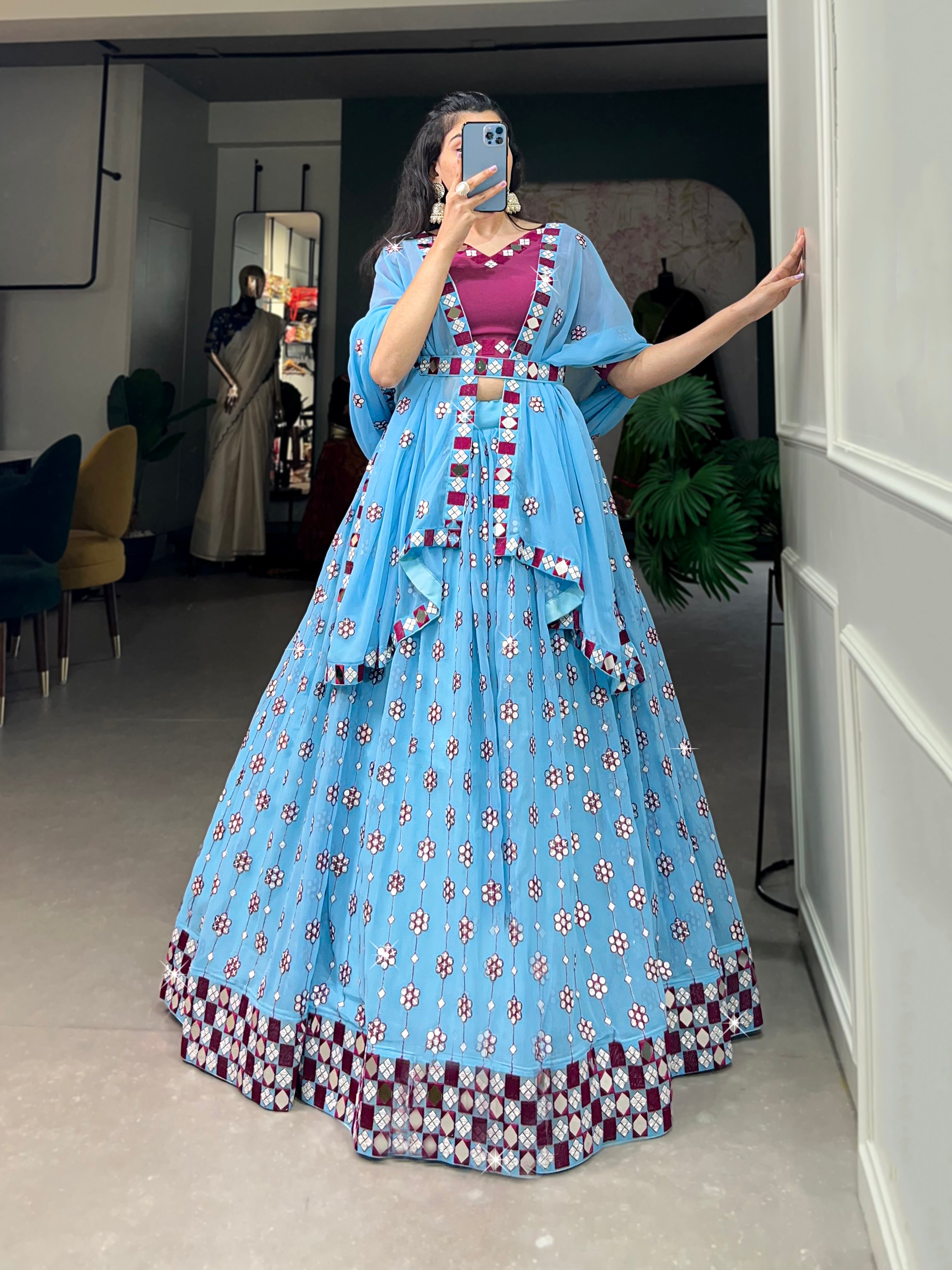 Designer Sky Blue Navratri Chaniya Choli with Cape Sleeves