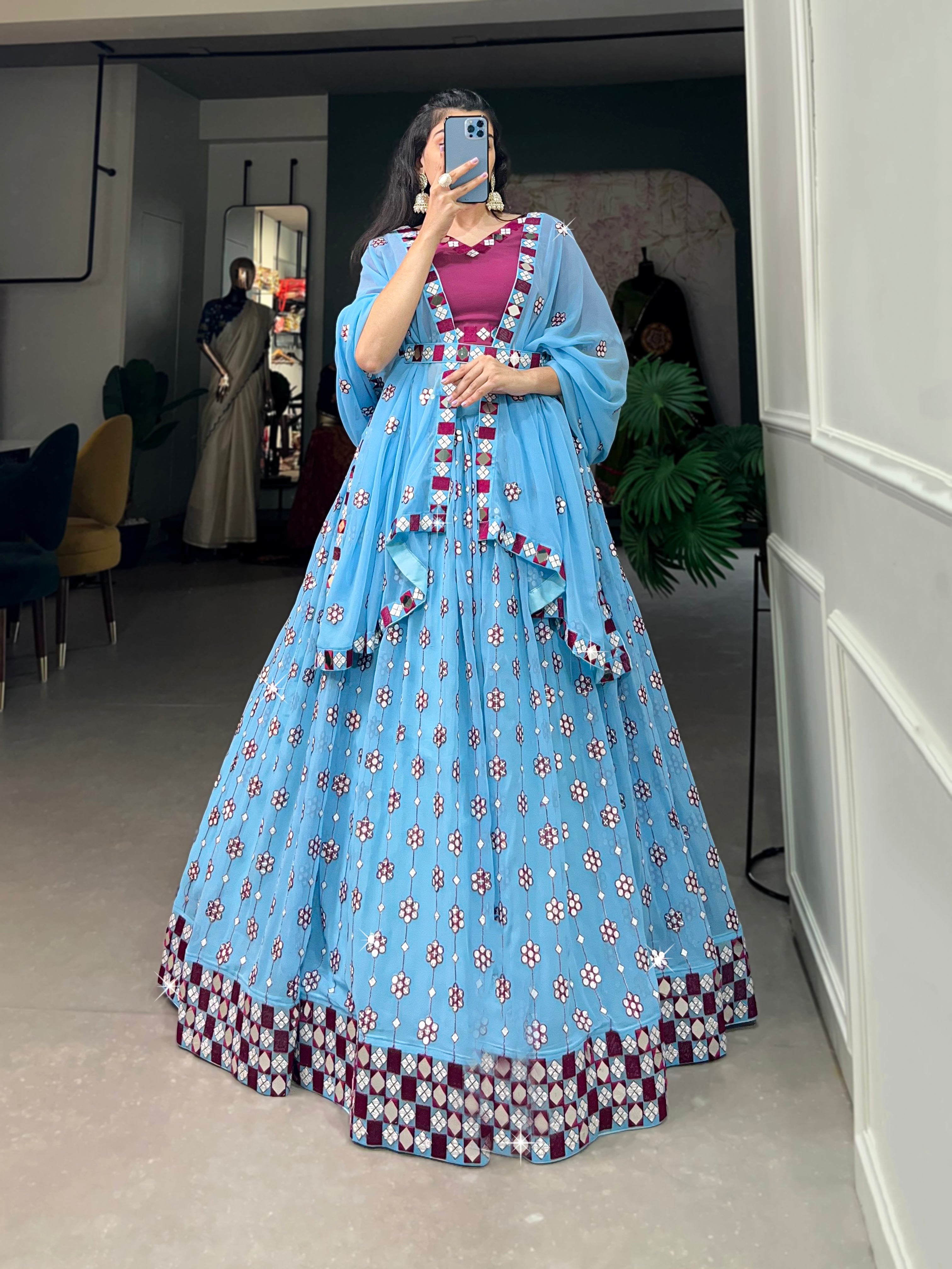 Designer Sky Blue Navratri Chaniya Choli with Cape Sleeves