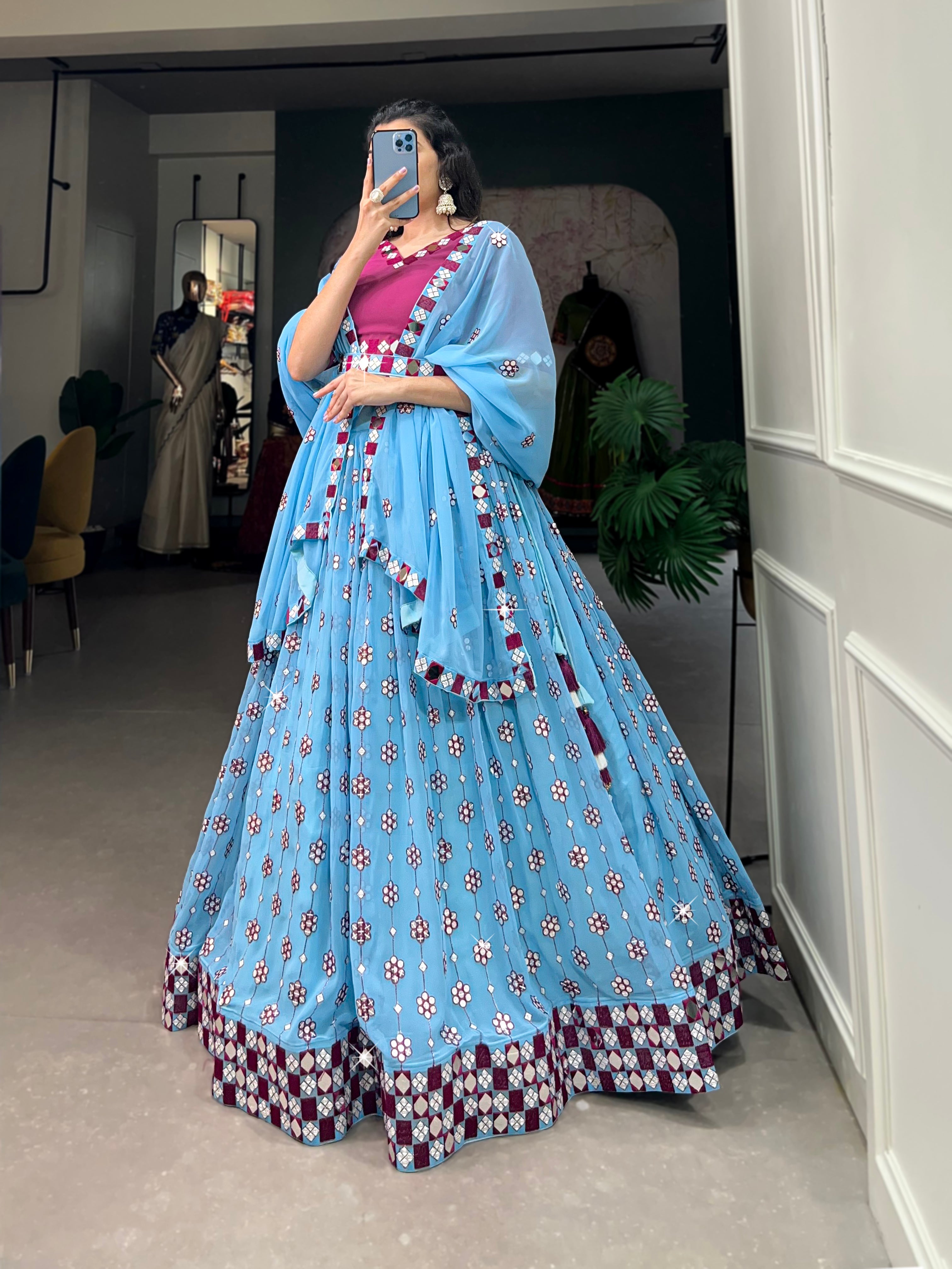 Designer Sky Blue Navratri Chaniya Choli with Cape Sleeves