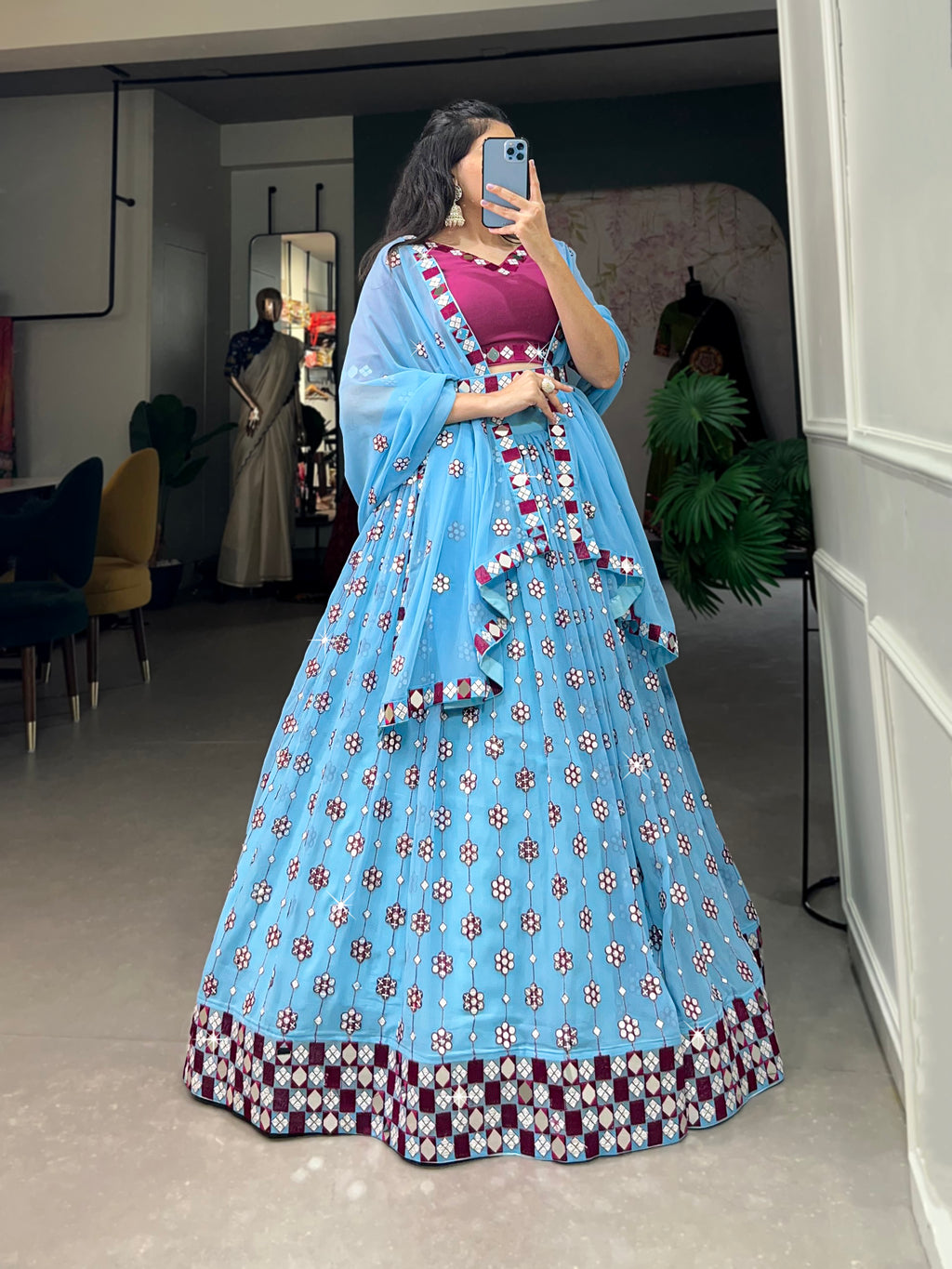 Designer Sky Blue Navratri Chaniya Choli with Cape Sleeves