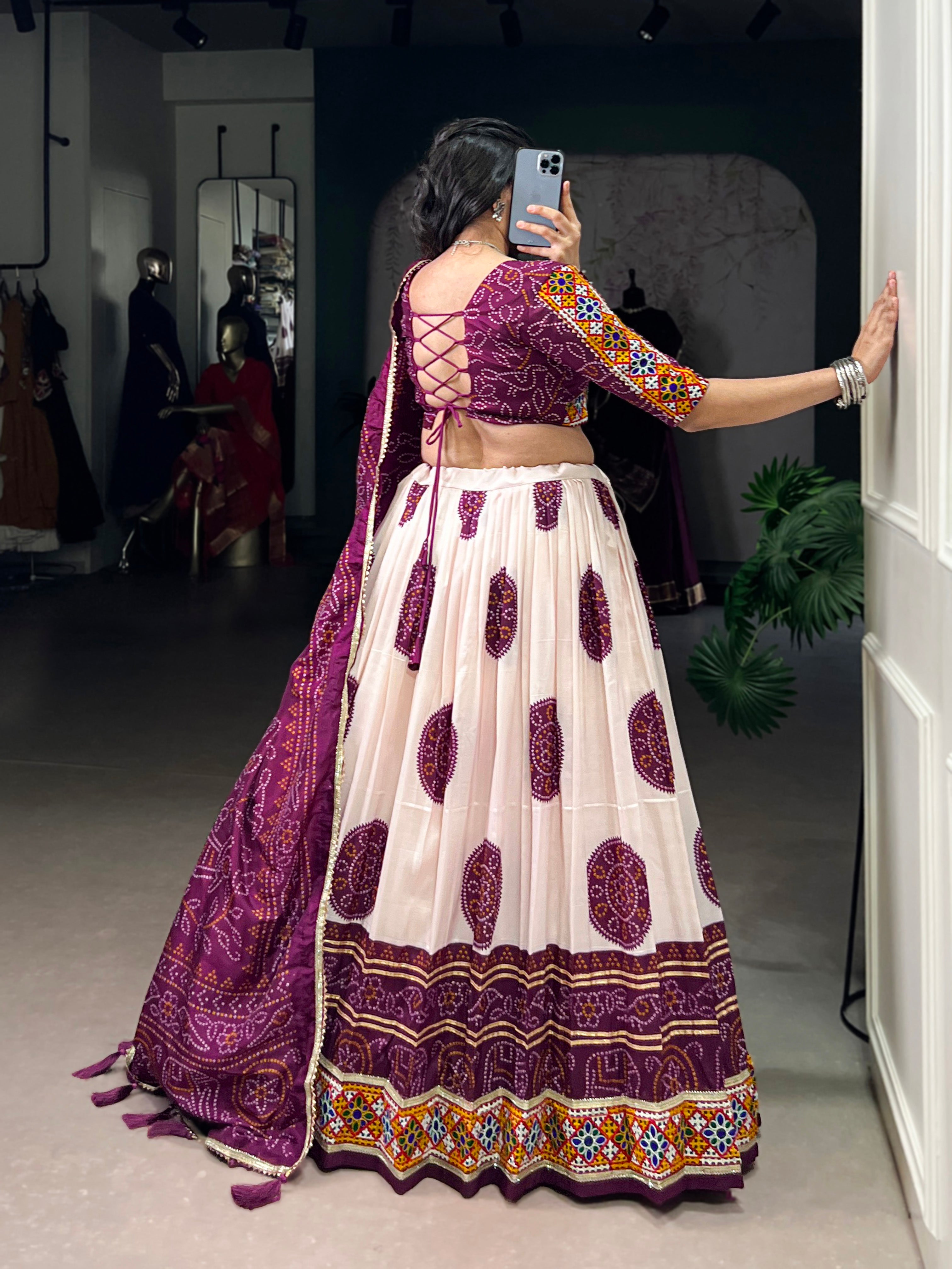 Wine Tasar silk Bandhej chaniya choli with detailed Gamthi touch