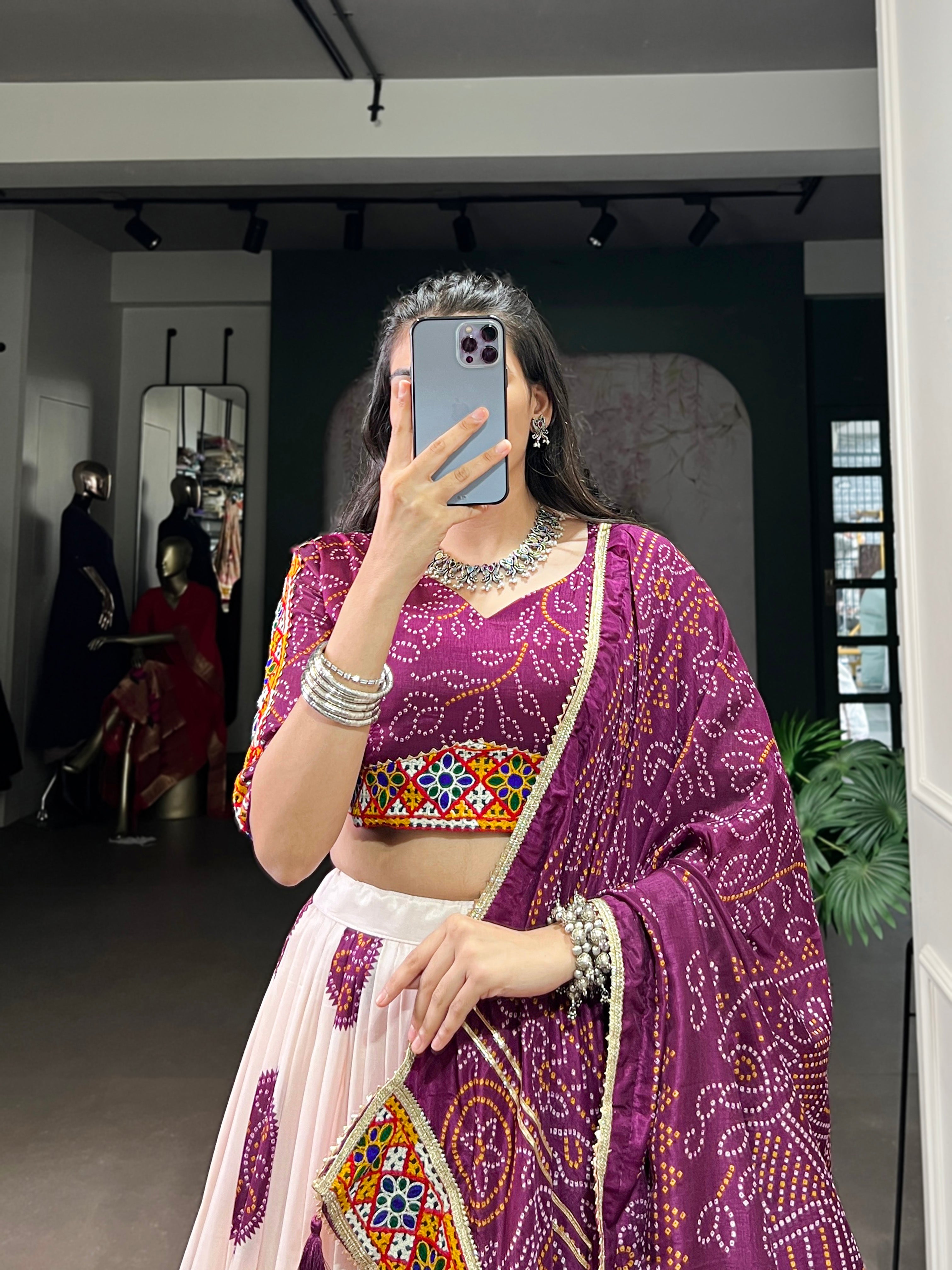 Wine Tasar silk Bandhej chaniya choli with detailed Gamthi touch
