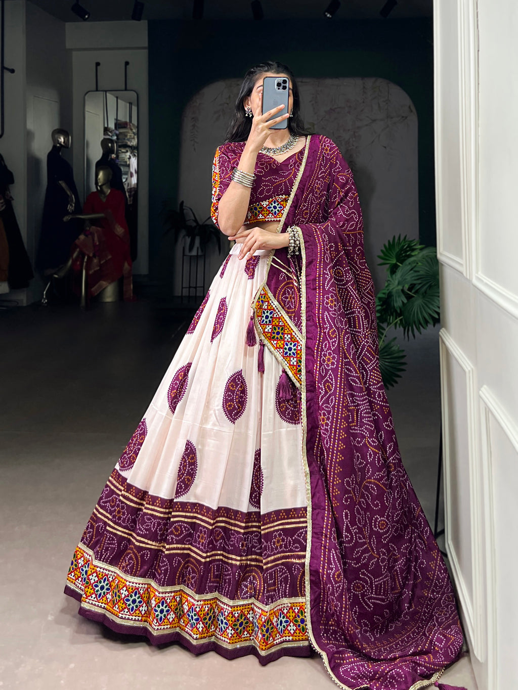Wine Tasar silk Bandhej chaniya choli with detailed Gamthi touch