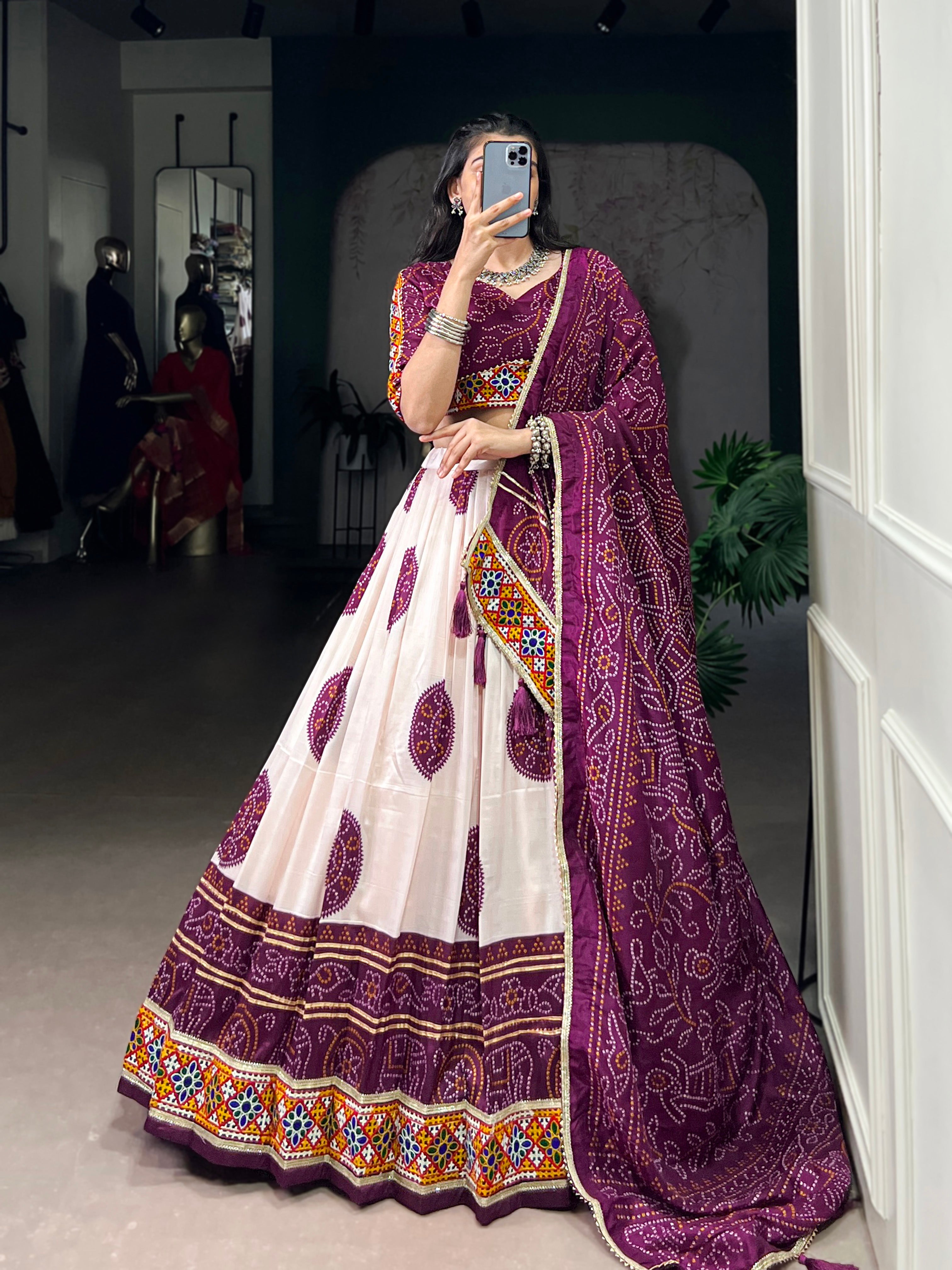 Wine Tasar silk Bandhej chaniya choli with detailed Gamthi touch