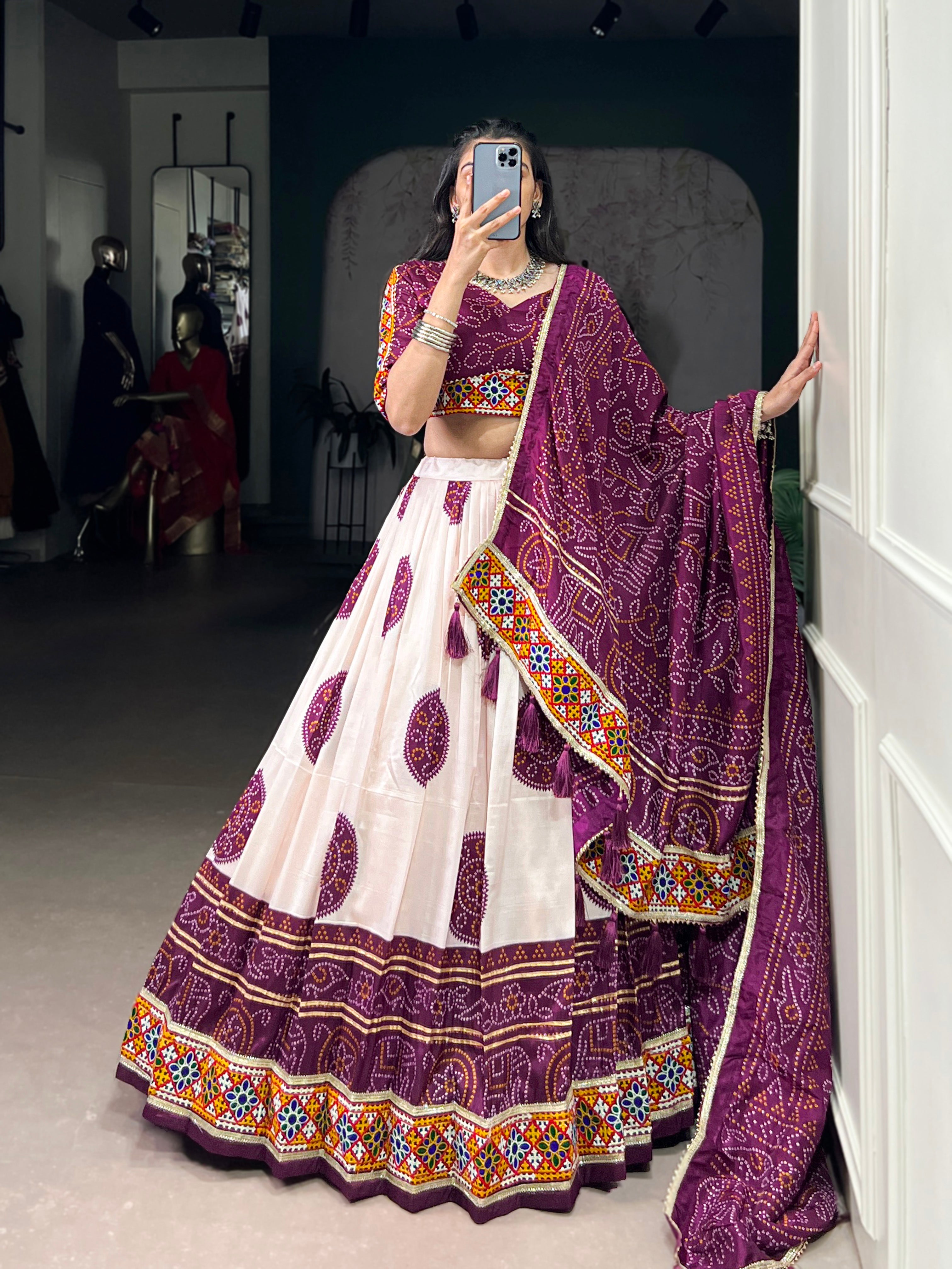 Wine Tasar silk Bandhej chaniya choli with detailed Gamthi touch