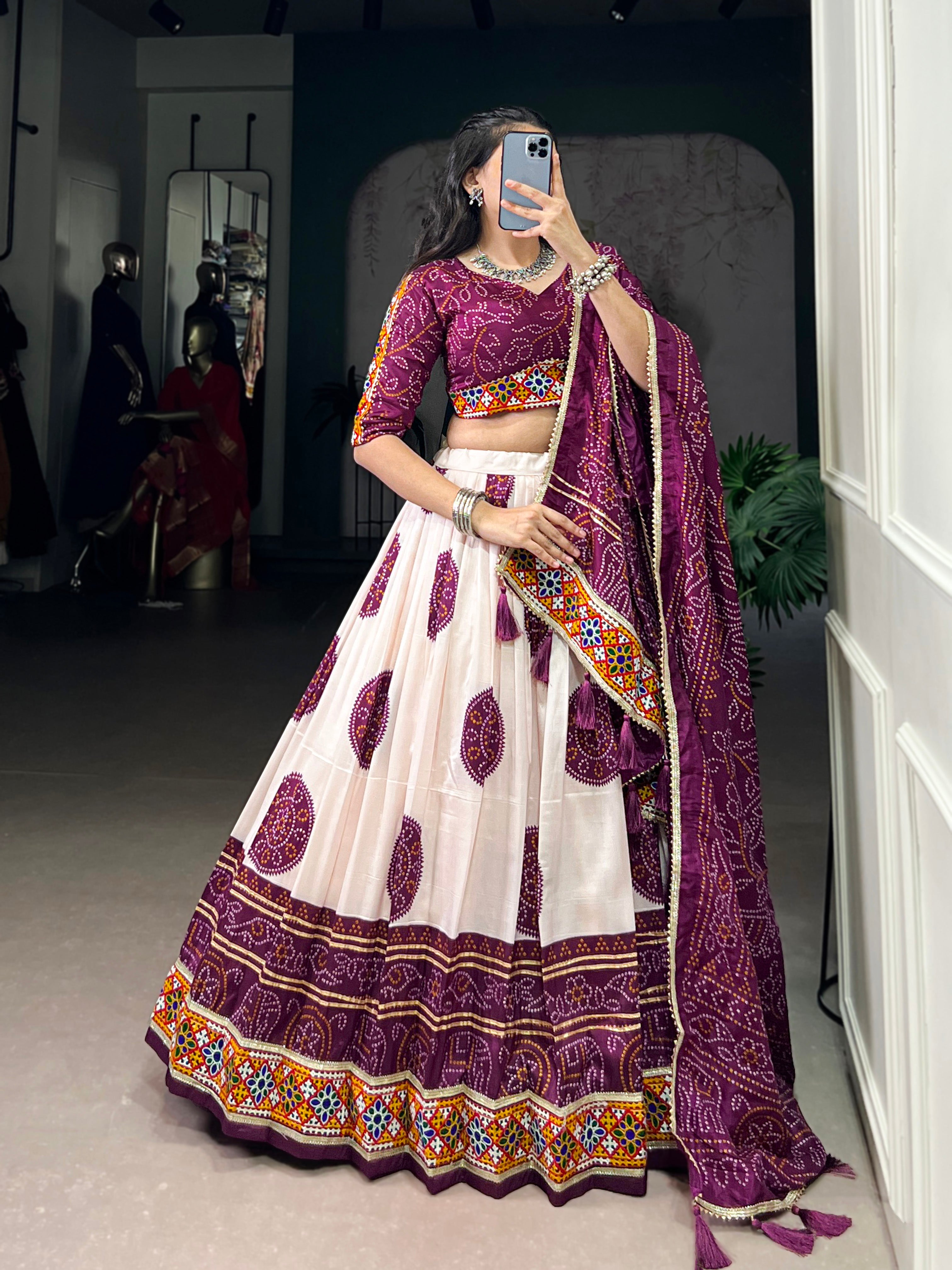 Wine Tasar silk Bandhej chaniya choli with detailed Gamthi touch