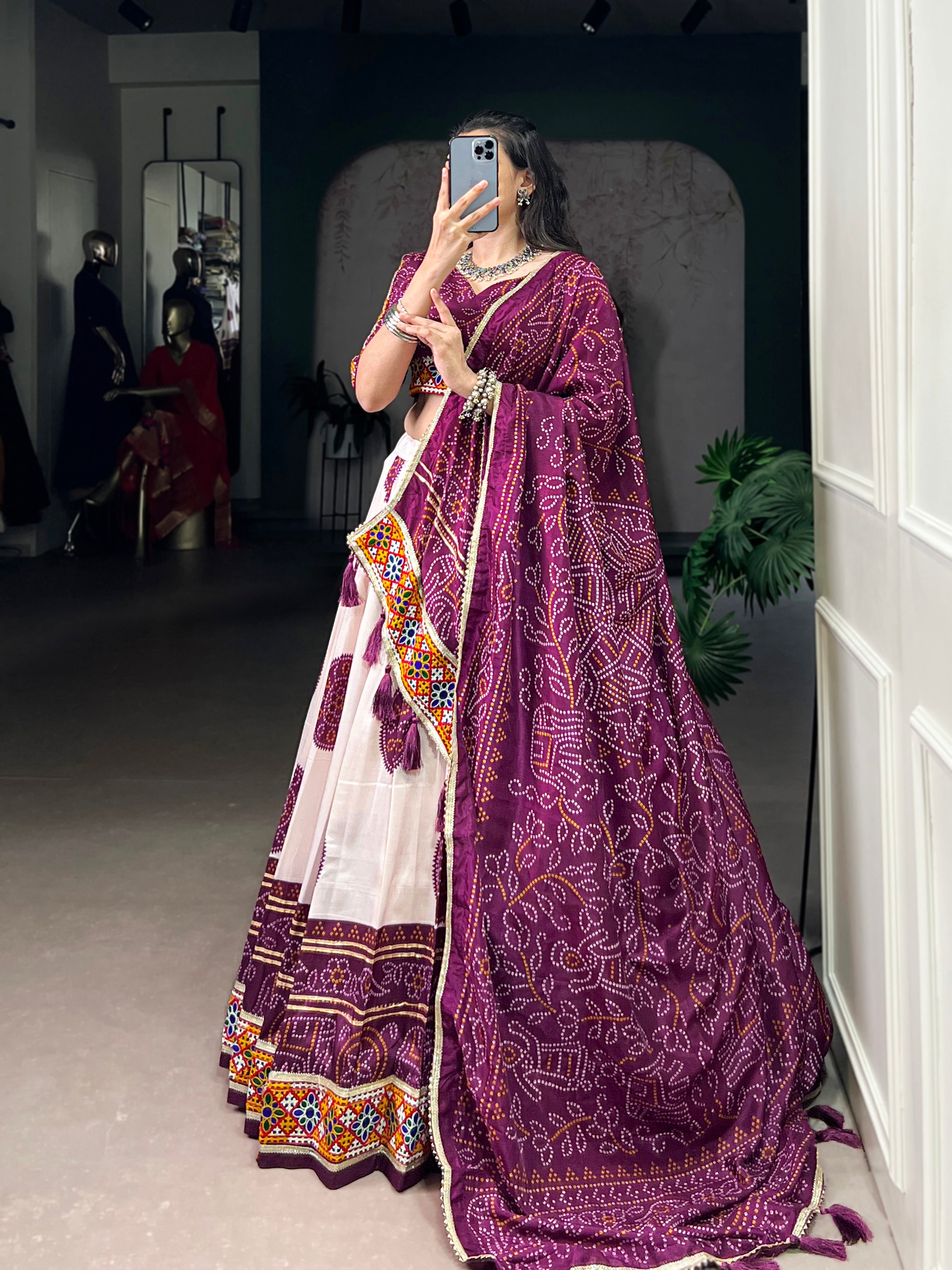 Wine Tasar silk Bandhej chaniya choli with detailed Gamthi touch