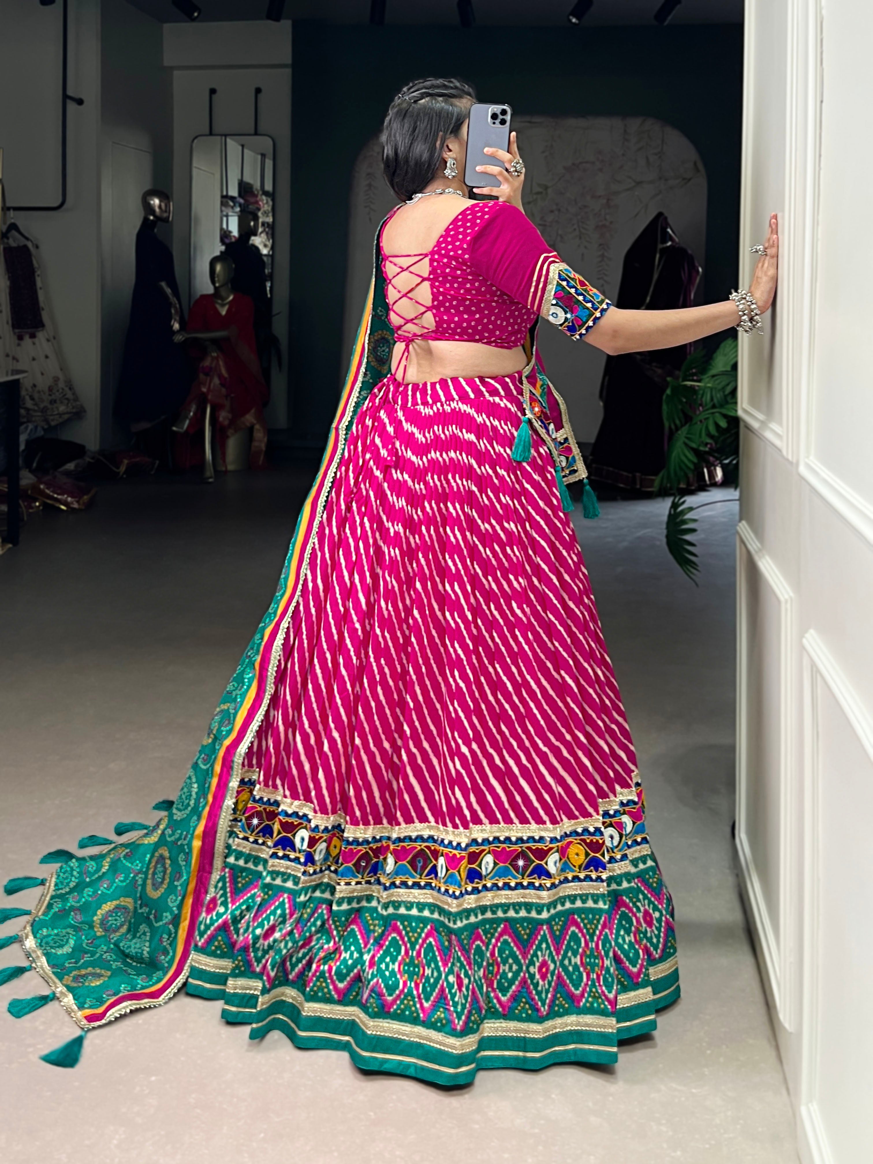 Pink Leheriya Tussar Silk With Patola Print Border Lace Touch Up