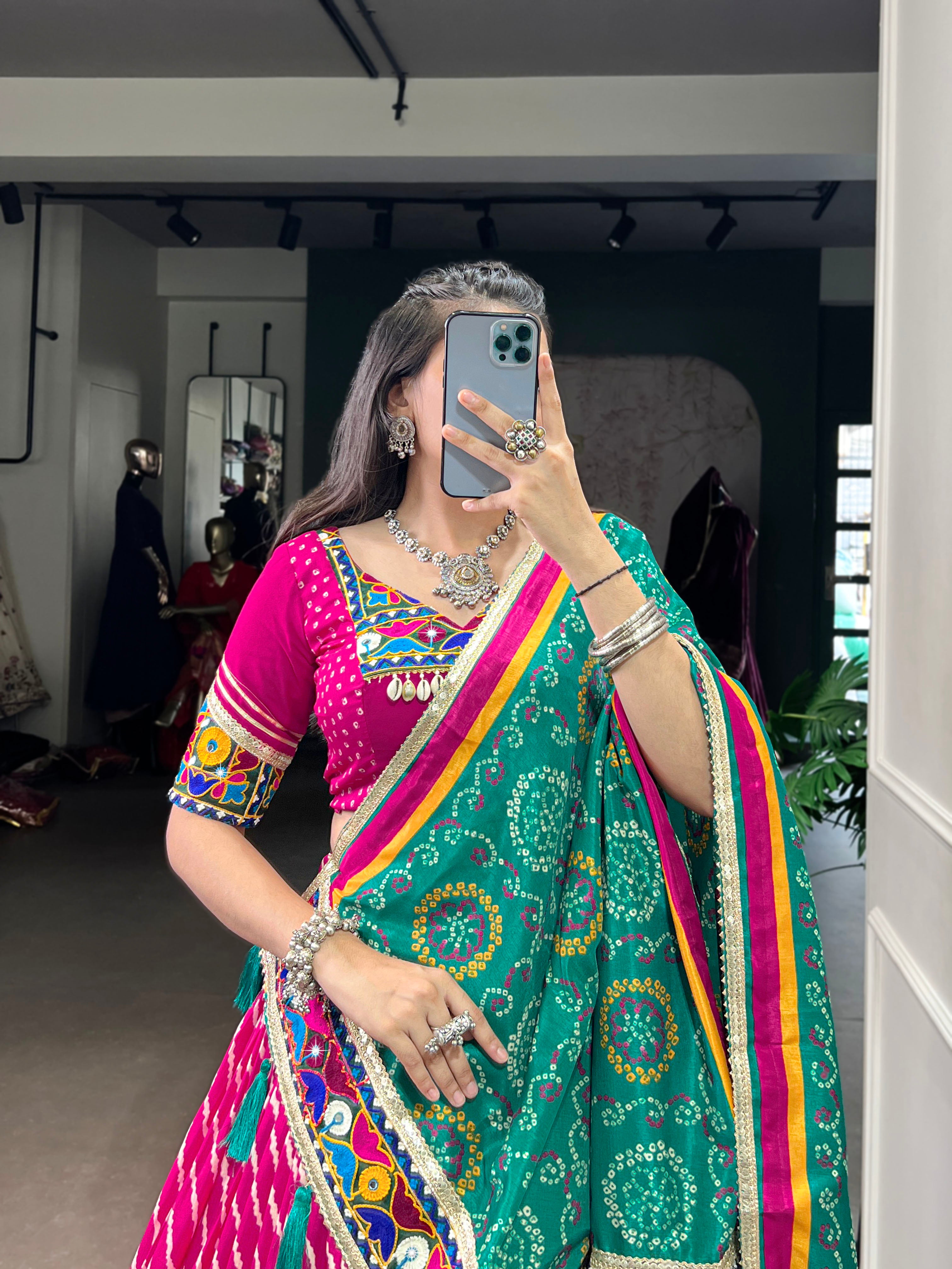 Pink Leheriya Tussar Silk With Patola Print Border Lace Touch Up