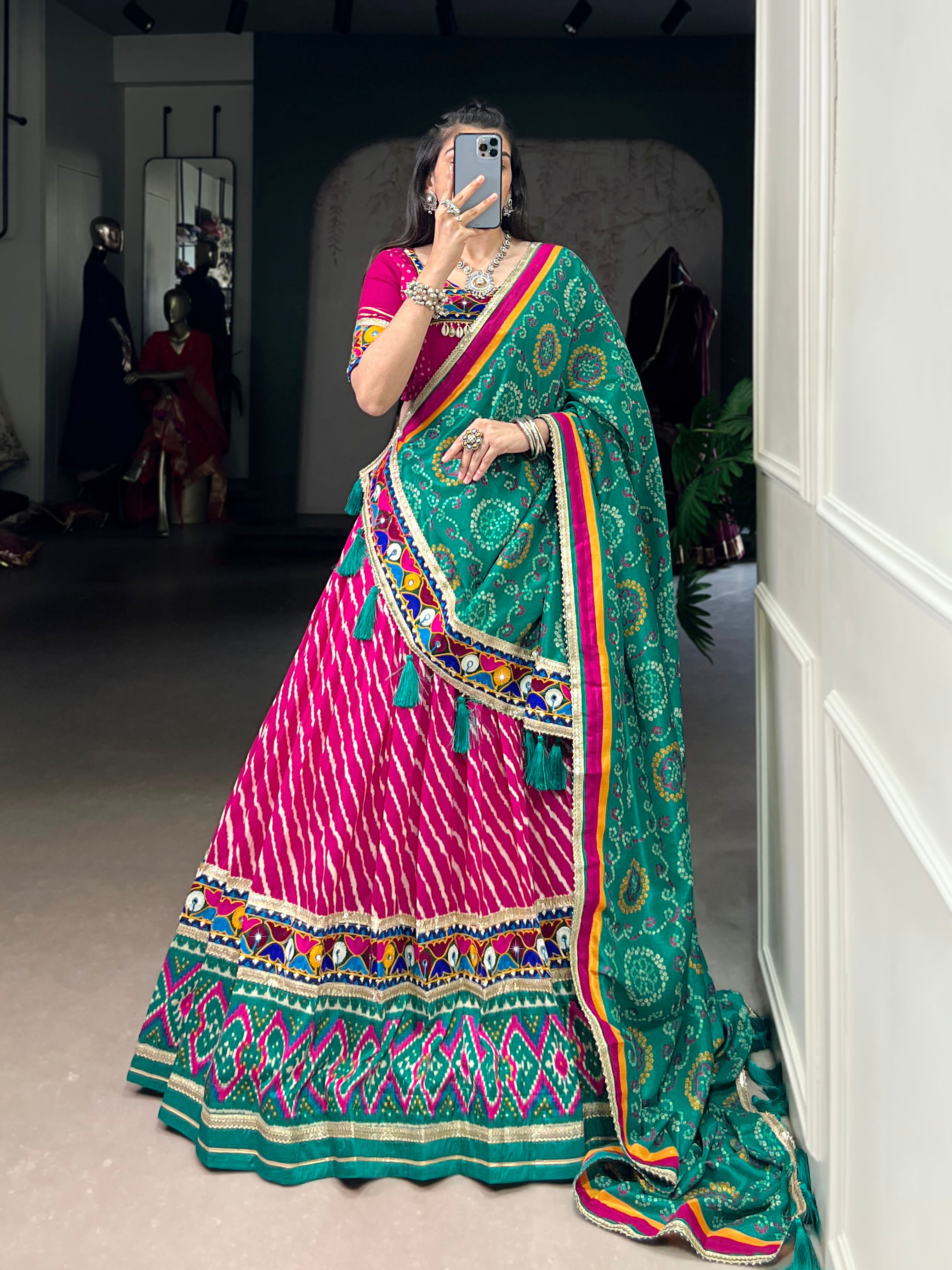 Pink Leheriya Tussar Silk With Patola Print Border Lace Touch Up