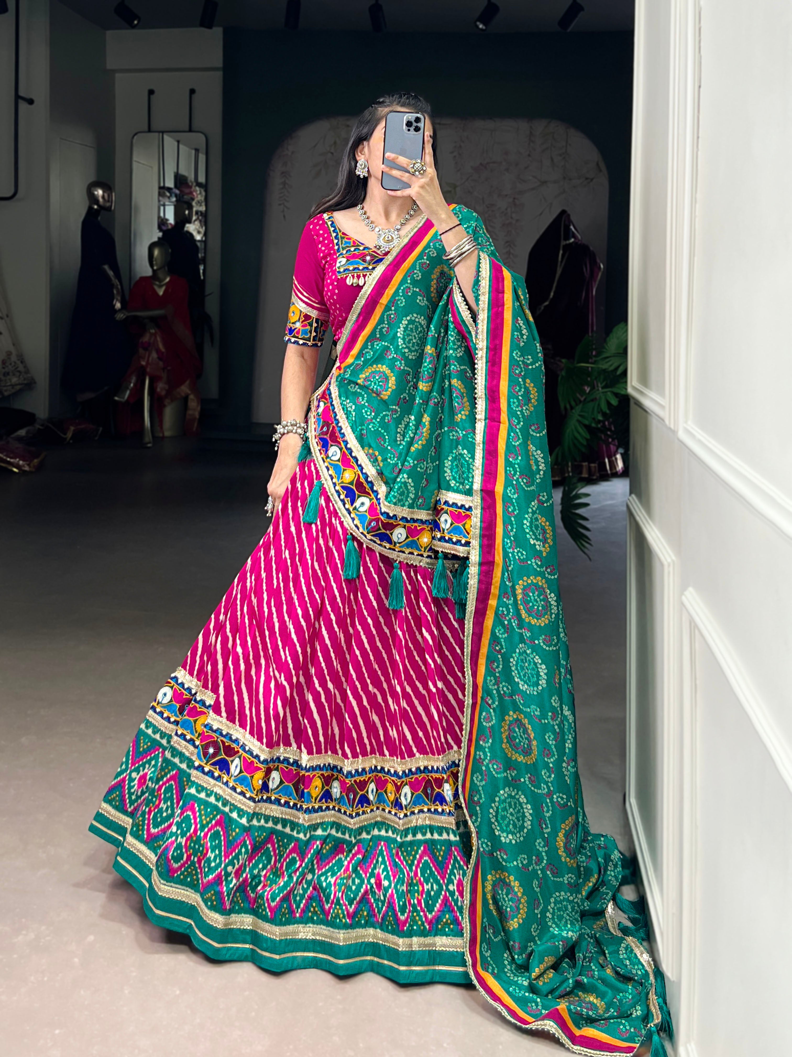 Pink Leheriya Tussar Silk With Patola Print Border Lace Touch Up