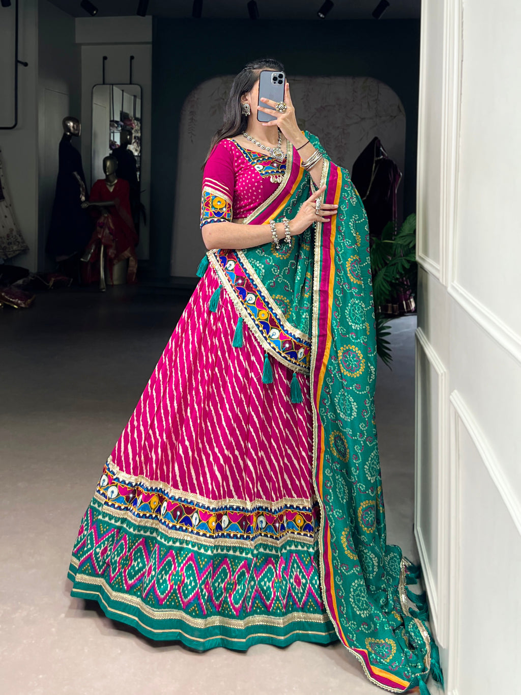 Pink Leheriya Tussar Silk With Patola Print Border Lace Touch Up
