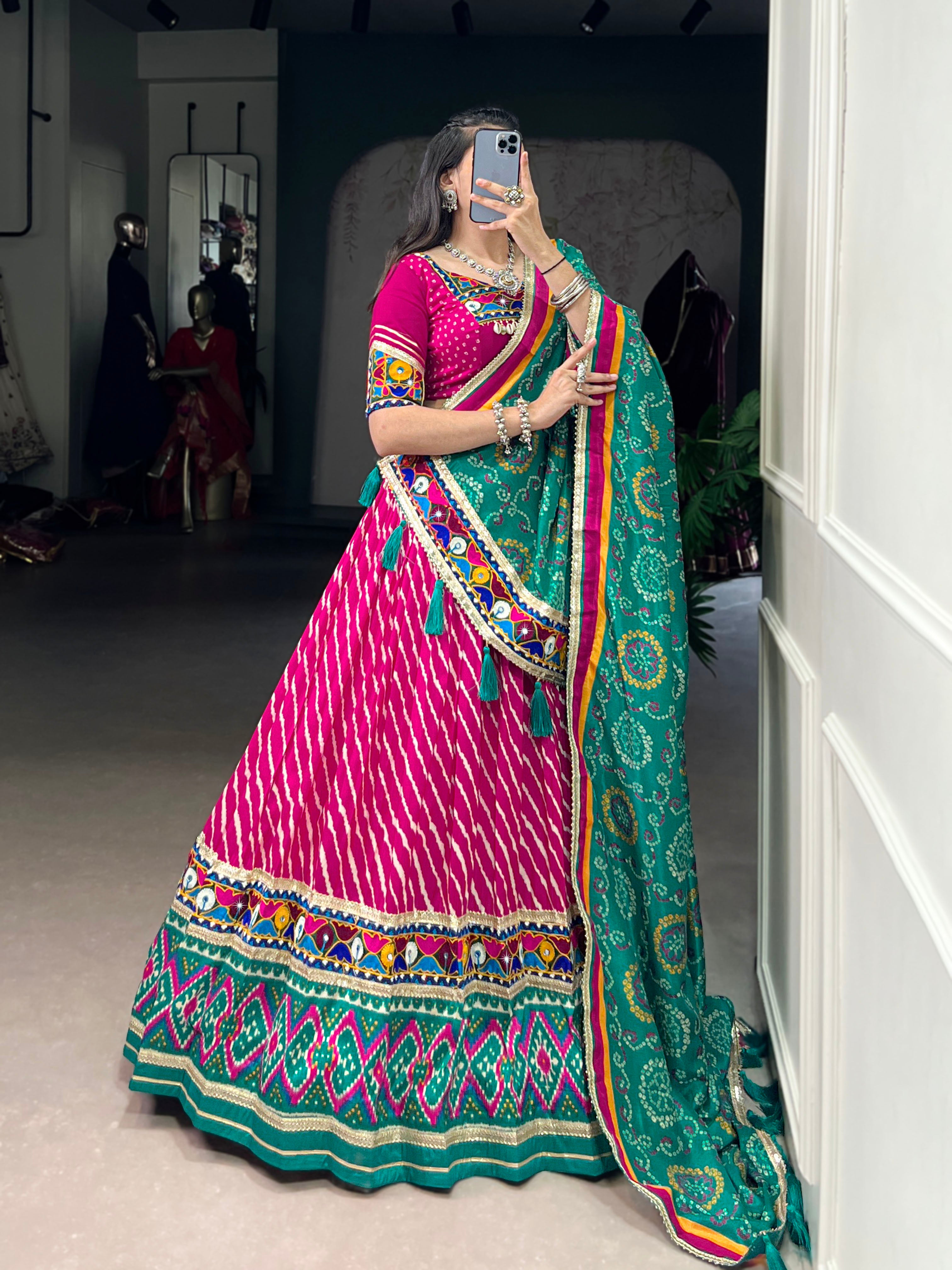 Pink Leheriya Tussar Silk With Patola Print Border Lace Touch Up