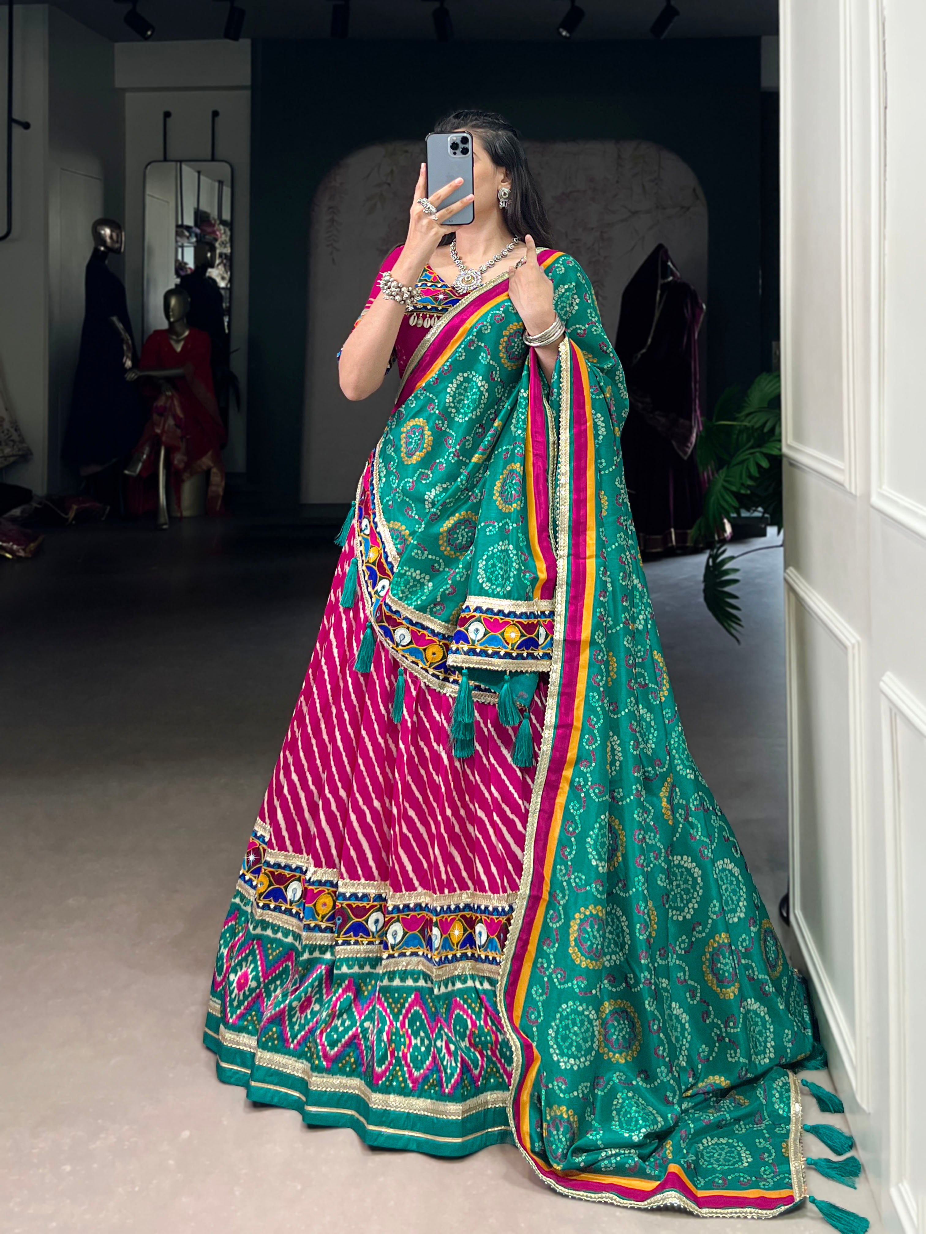 Pink Leheriya Tussar Silk With Patola Print Border Lace Touch Up