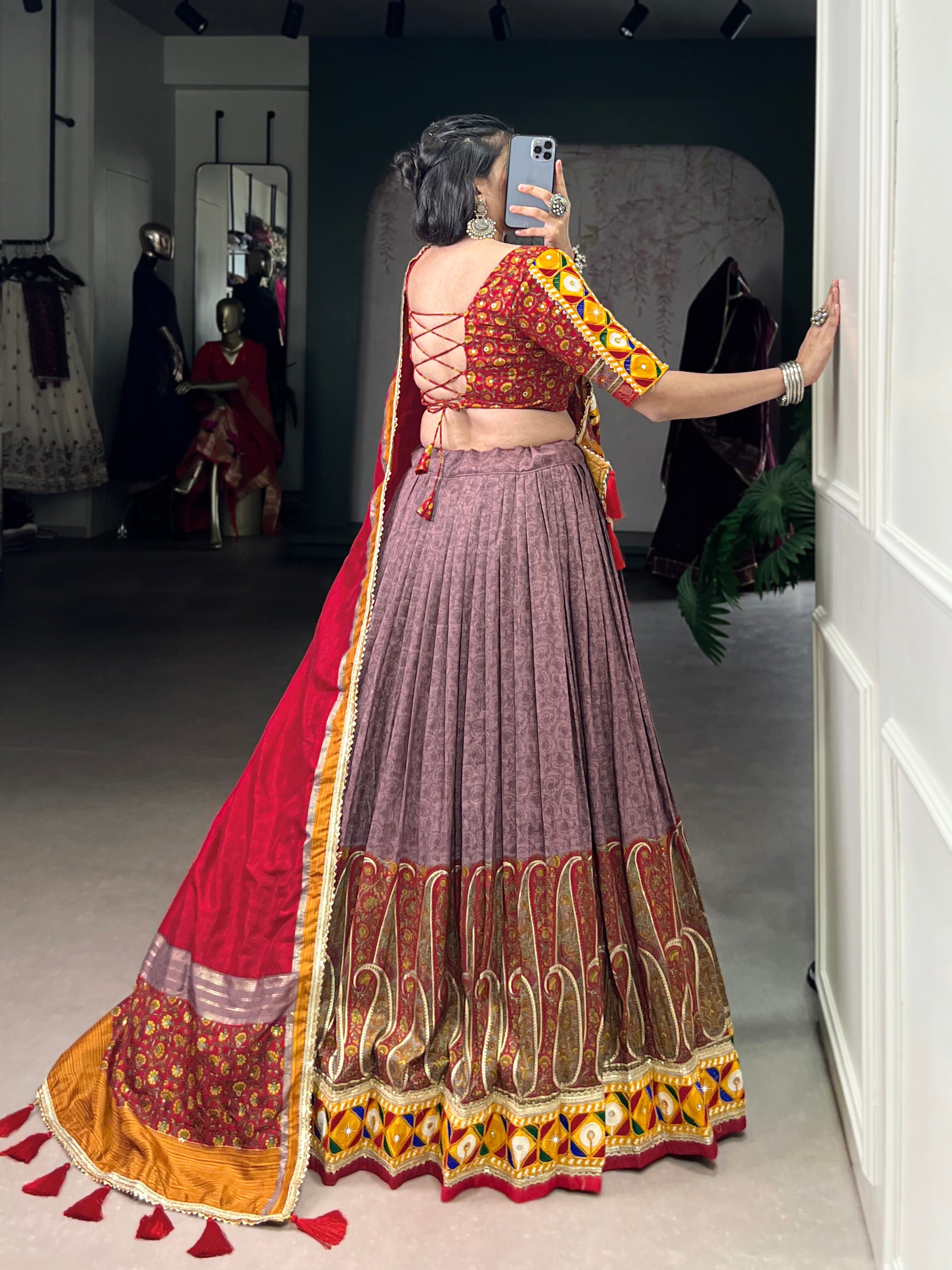 Traditional Bandhani Choli Paired with  Kashmiri Print  Flared Lehenga
