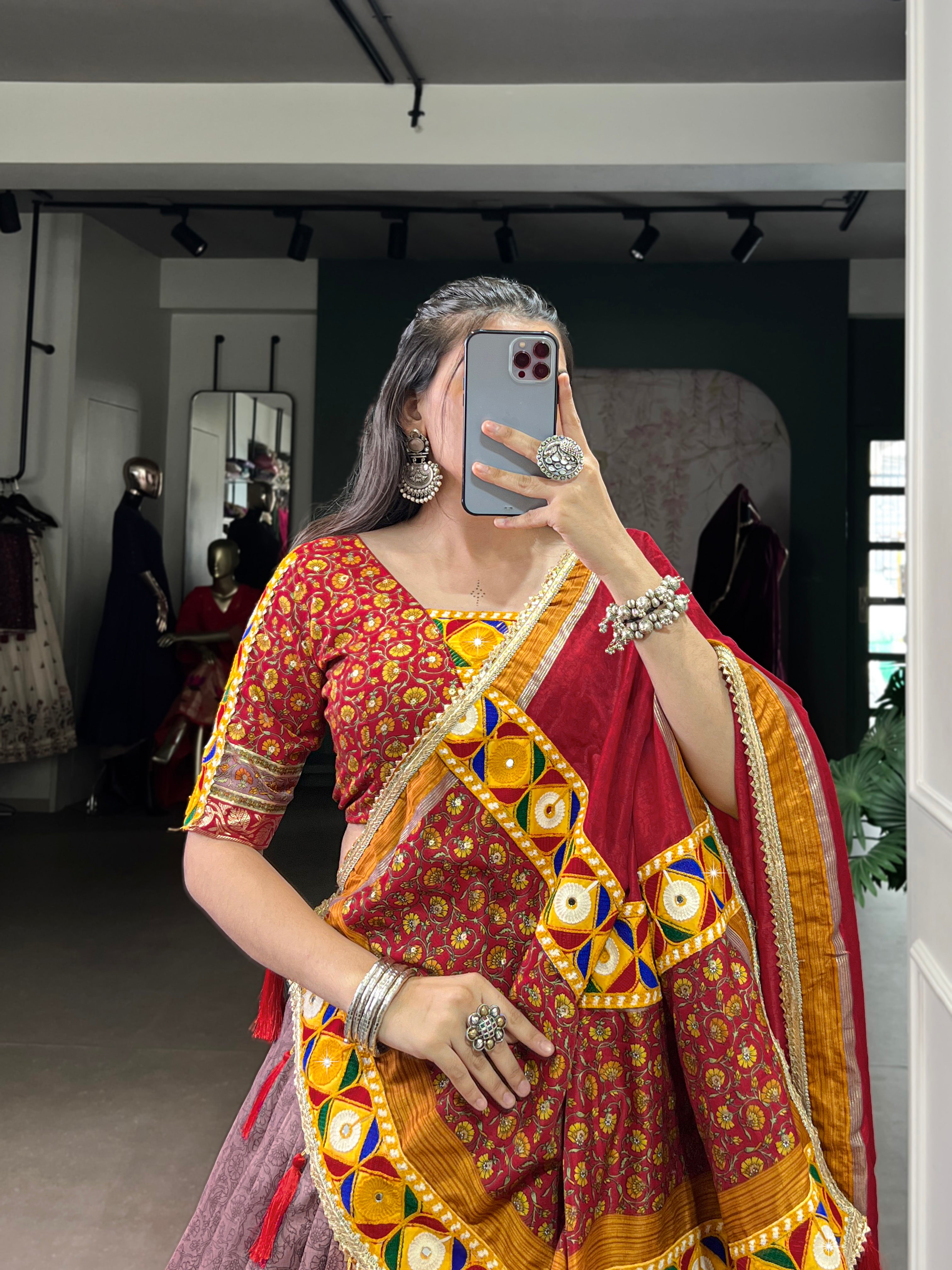 Traditional Bandhani Choli Paired with  Kashmiri Print  Flared Lehenga