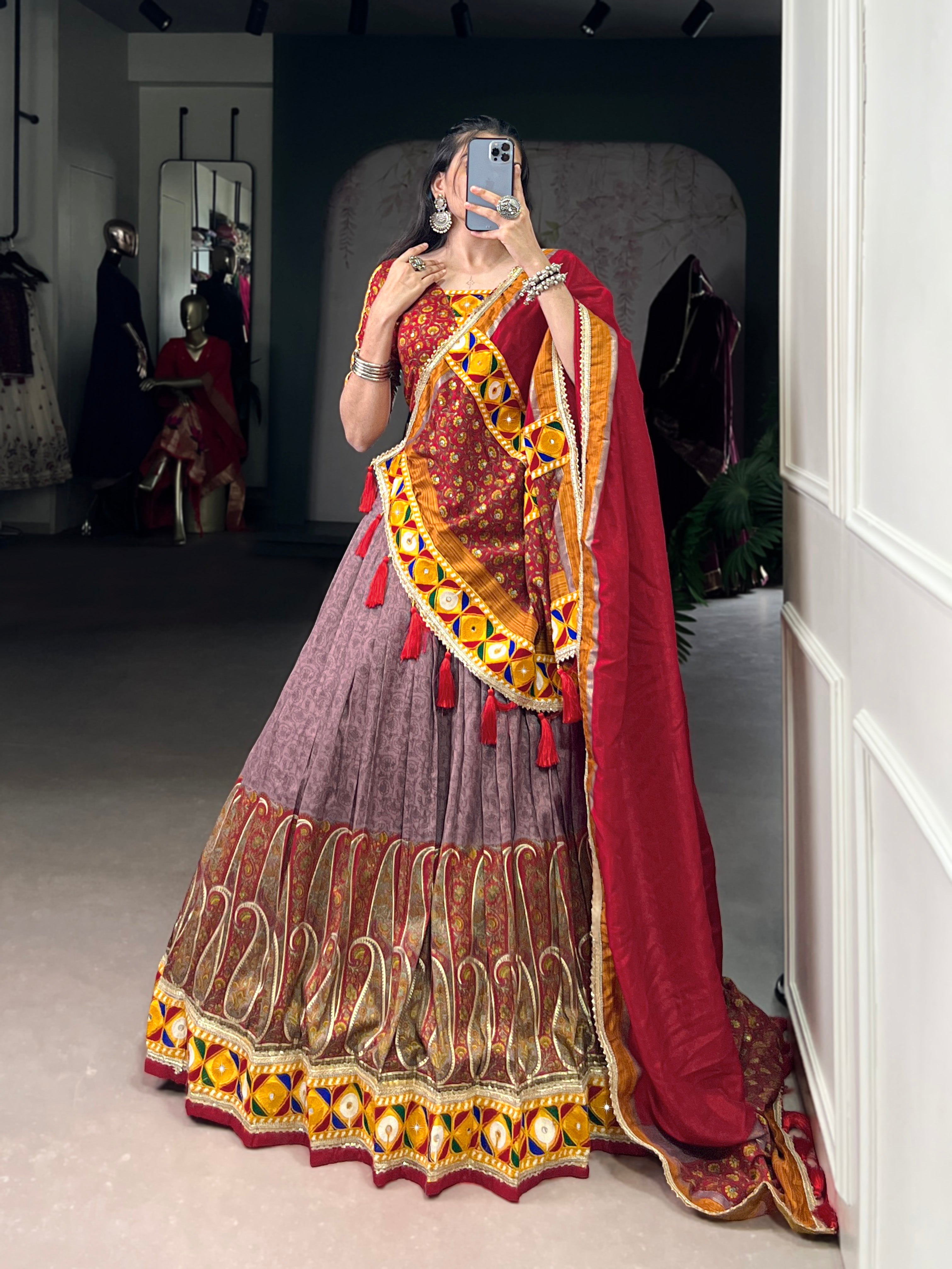 Traditional Bandhani Choli Paired with  Kashmiri Print  Flared Lehenga