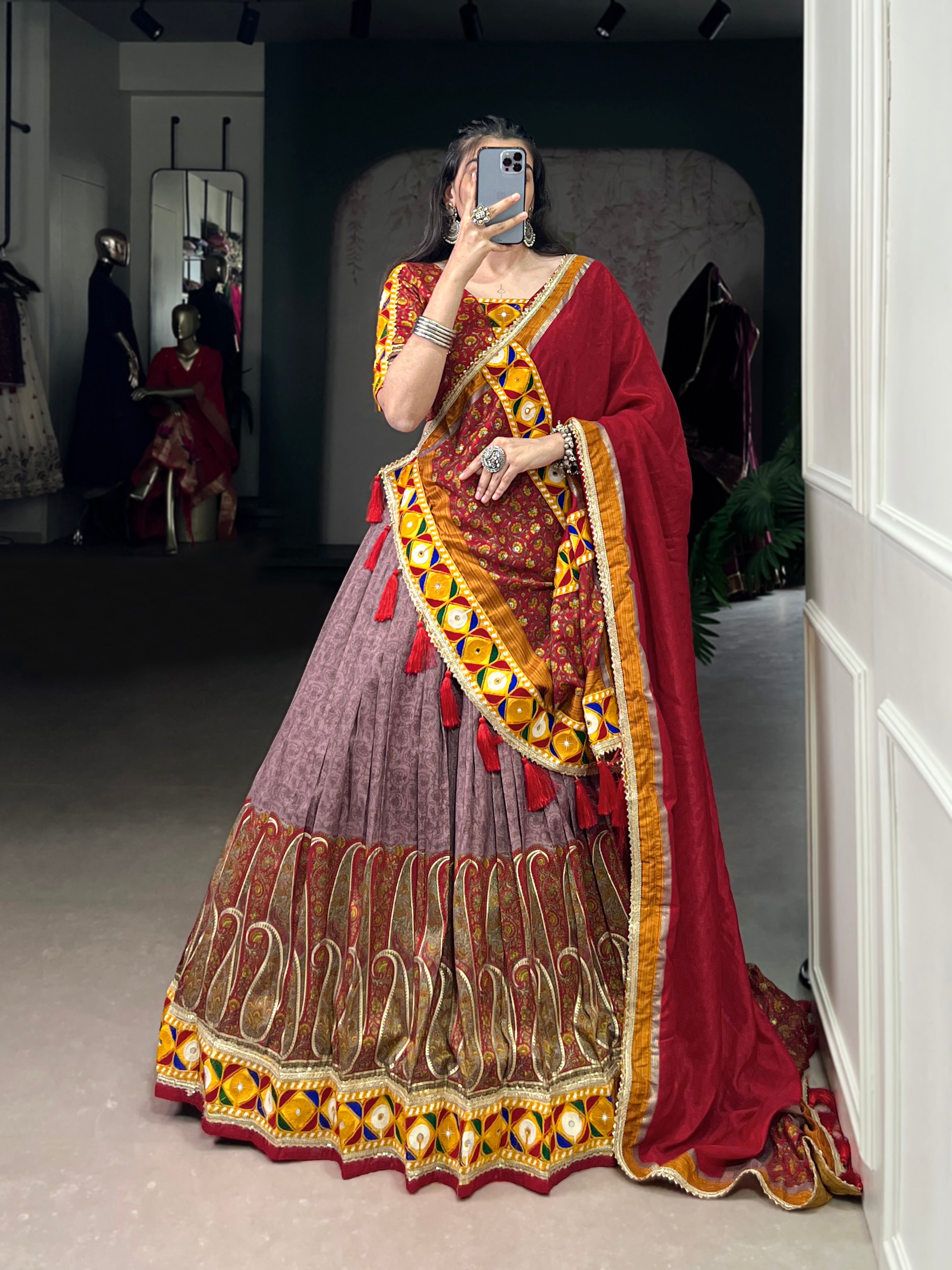 Traditional Bandhani Choli Paired with  Kashmiri Print  Flared Lehenga