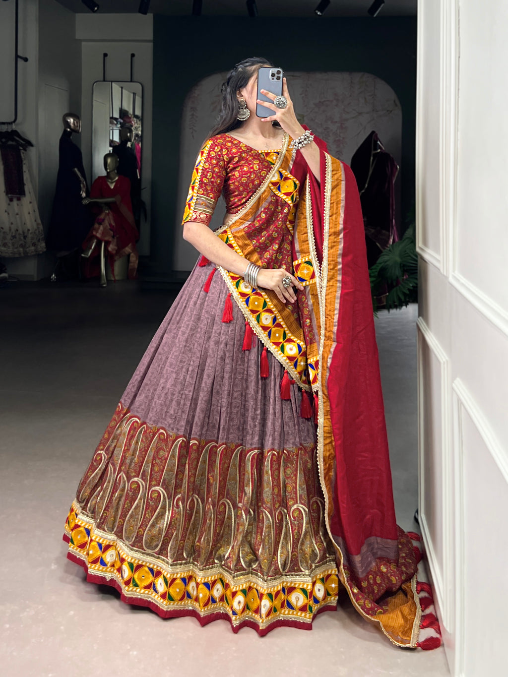 Traditional Bandhani Choli Paired with  Kashmiri Print  Flared Lehenga
