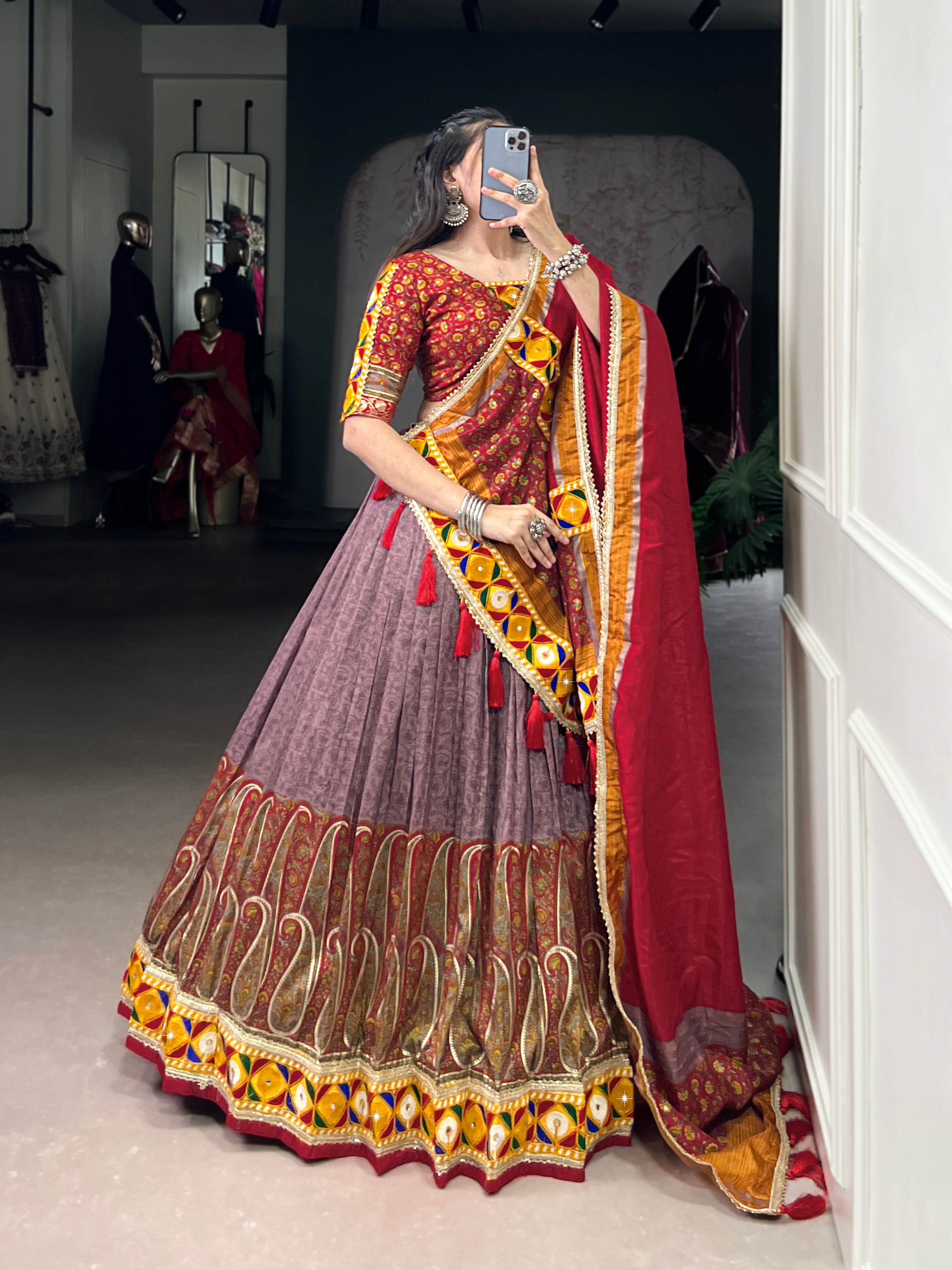 Traditional Bandhani Choli Paired with  Kashmiri Print  Flared Lehenga