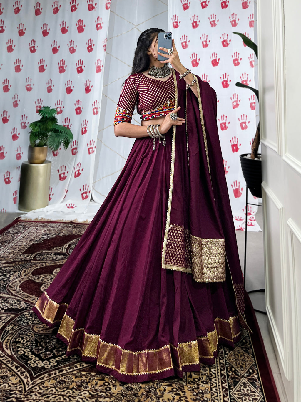 Festive Pure Chanderi Choli with Dupatta – Classic Wine Edition