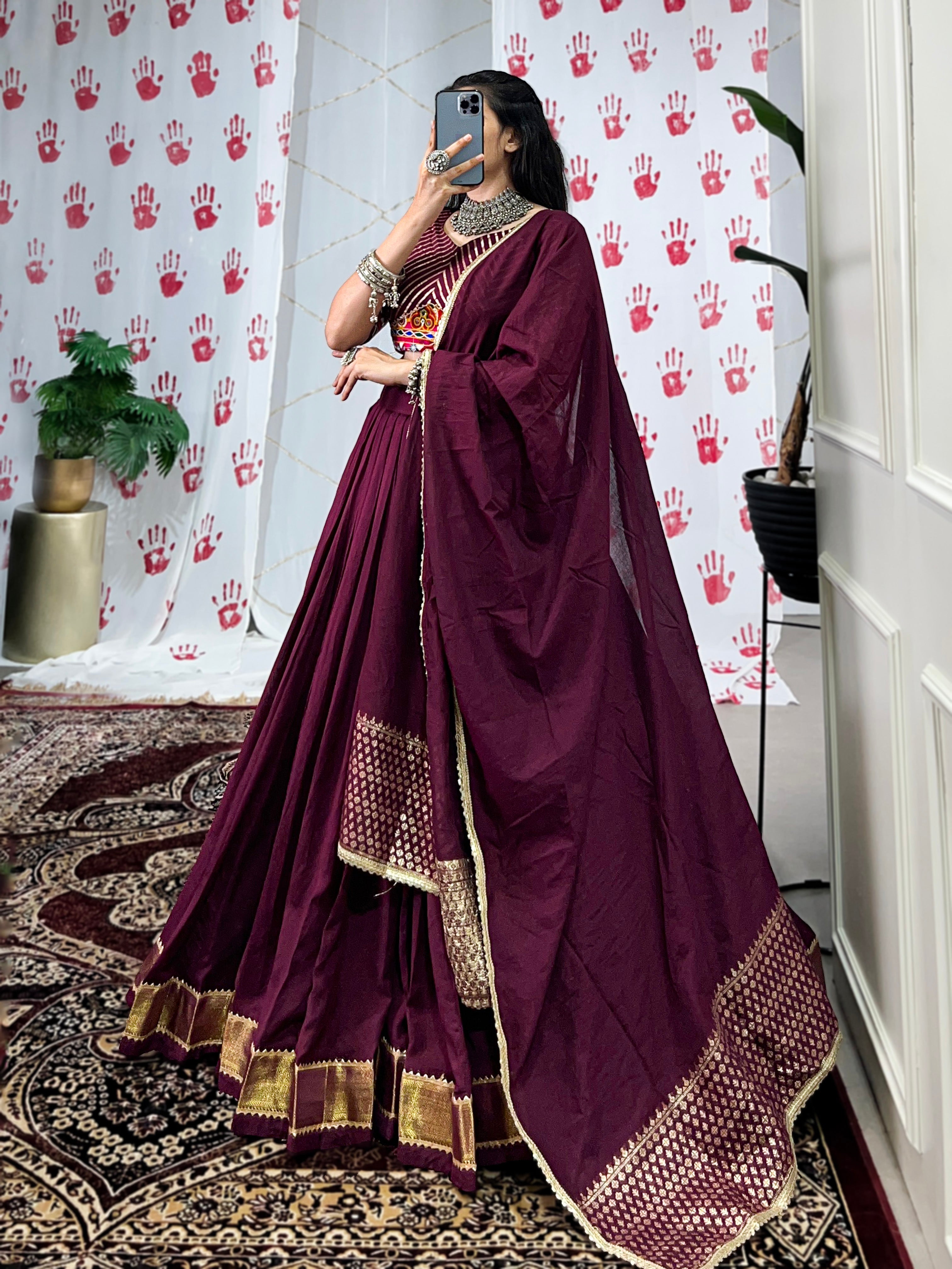 Festive Pure Chanderi Choli with Dupatta – Classic Wine Edition