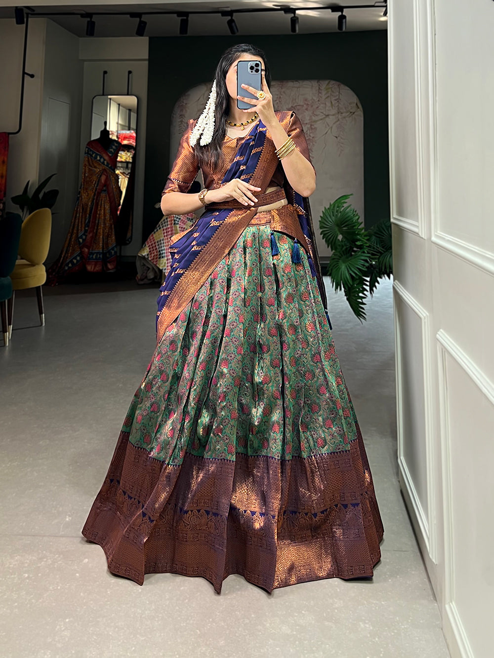 Regal Navy Blue and Green Kanjivaram Style Silk Lehenga Choli