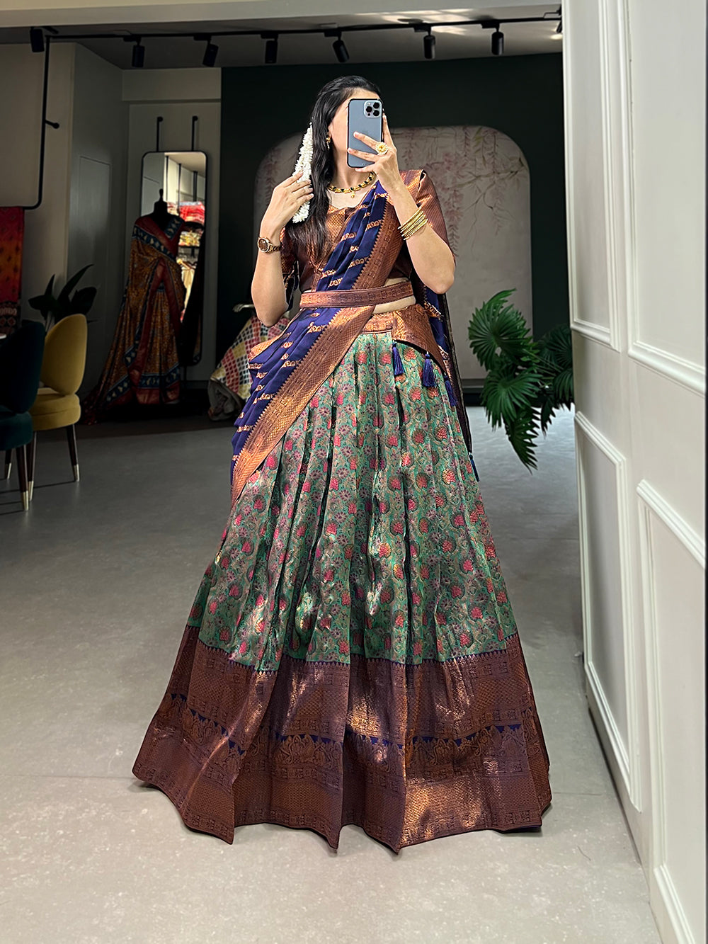 Regal Navy Blue and Green Kanjivaram Style Silk Lehenga Choli