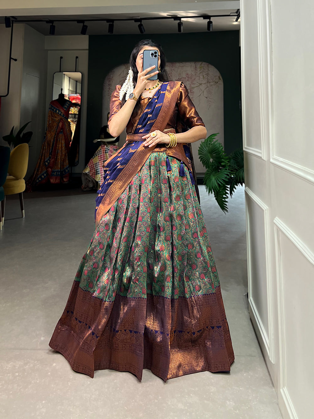 Regal Navy Blue and Green Kanjivaram Style Silk Lehenga Choli