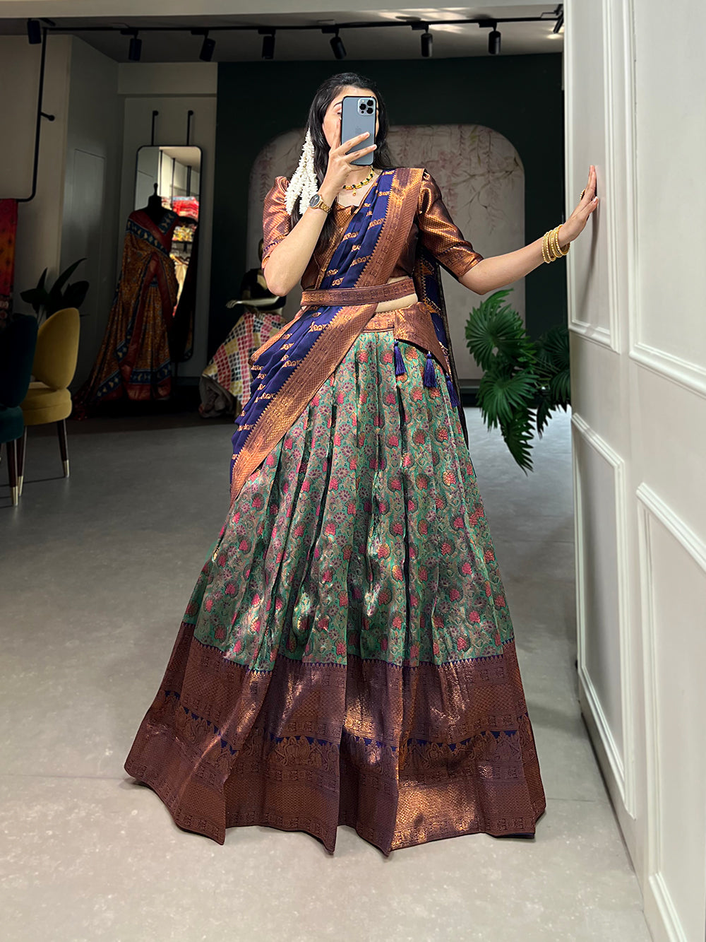 Regal Navy Blue and Green Kanjivaram Style Silk Lehenga Choli