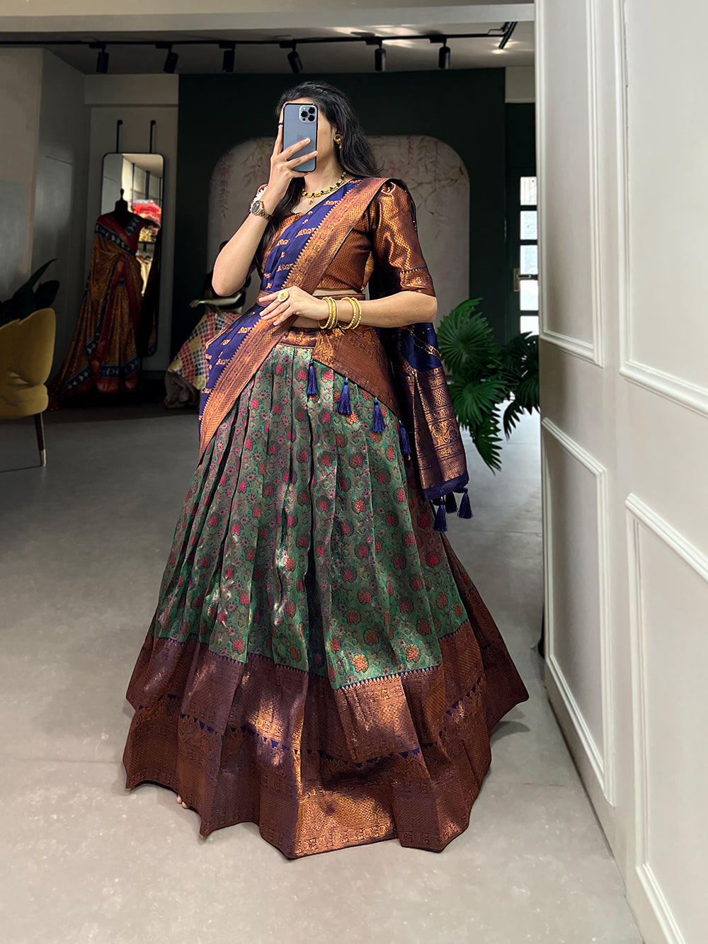 Regal Navy Blue and Green Kanjivaram Style Silk Lehenga Choli
