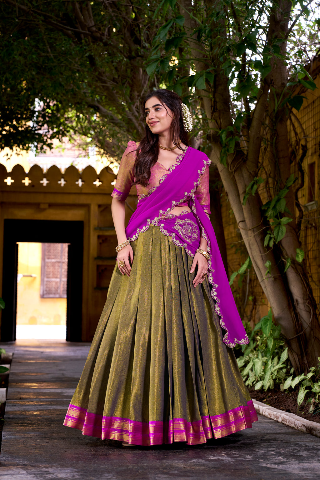 Kanchipuram silk lehenga Choli, woven with stunning zari details and Georgette Dupatta