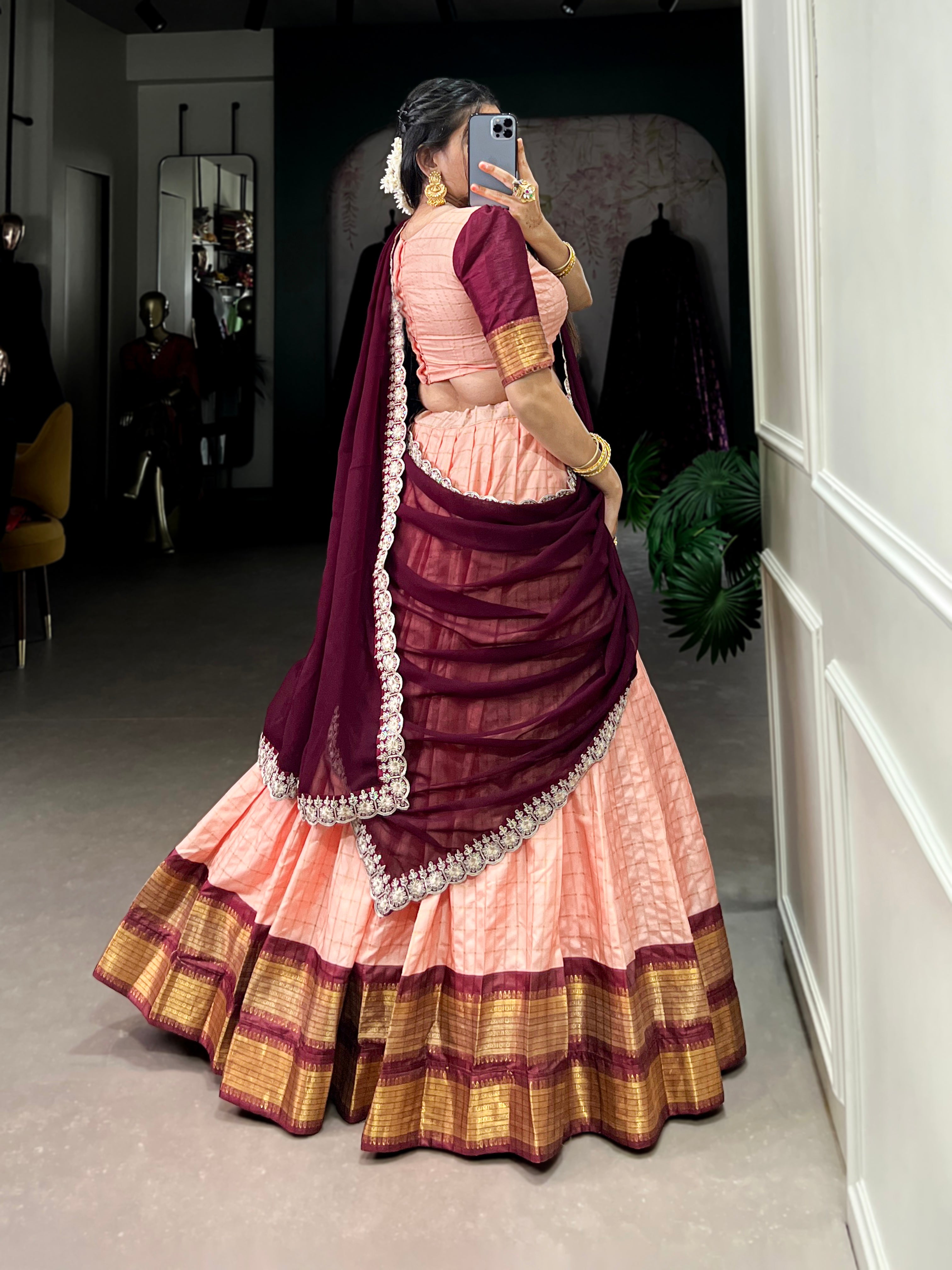 Timeless Zari Chex Weave Lehenga with Contrasting Wine Dupatta