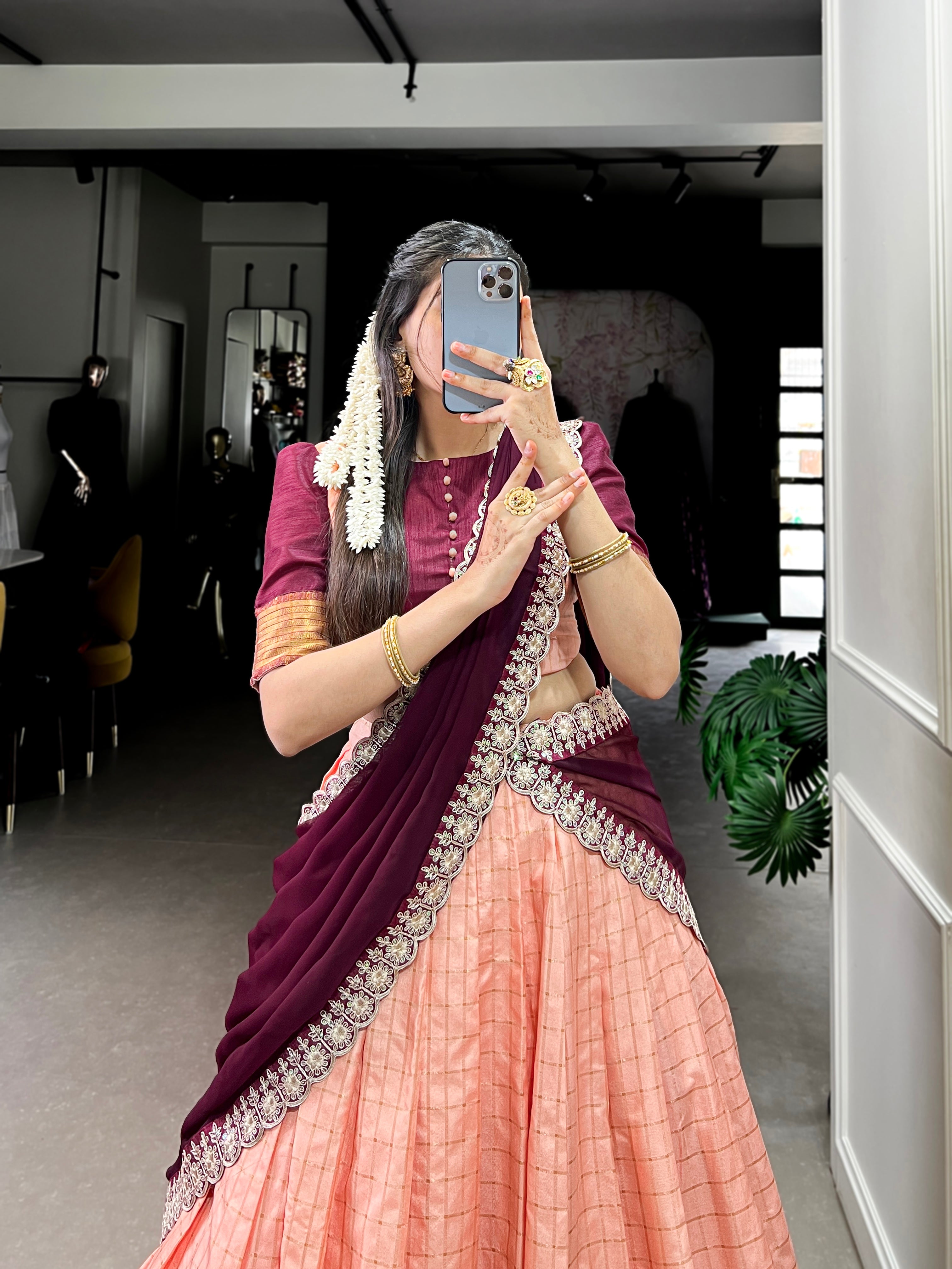 Timeless Zari Chex Weave Lehenga with Contrasting Wine Dupatta