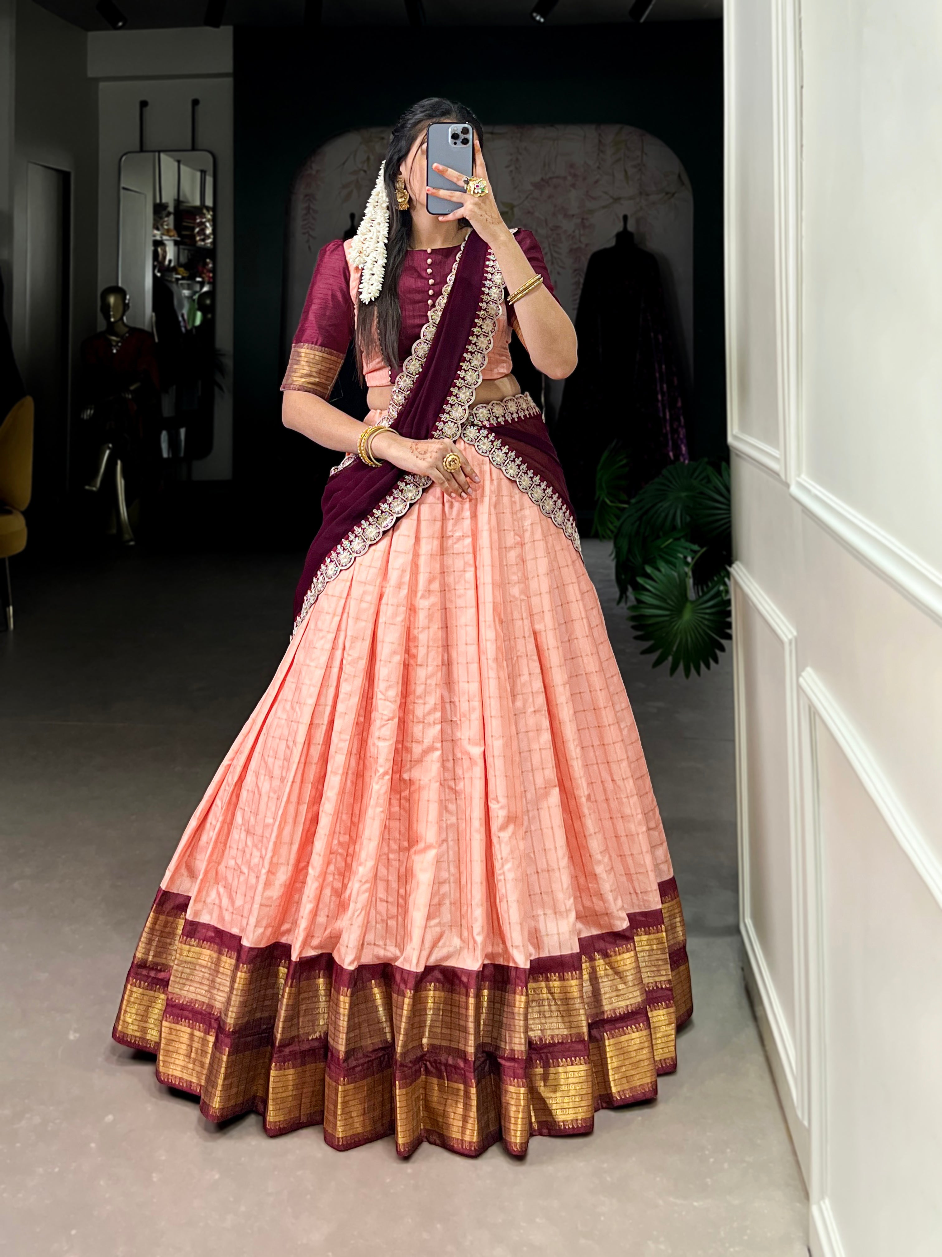 Timeless Zari Chex Weave Lehenga with Contrasting Wine Dupatta