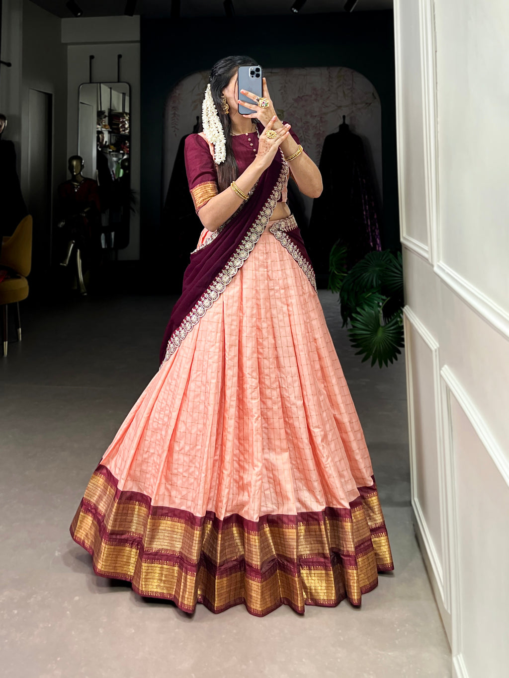 Timeless Zari Chex Weave Lehenga with Contrasting Wine Dupatta