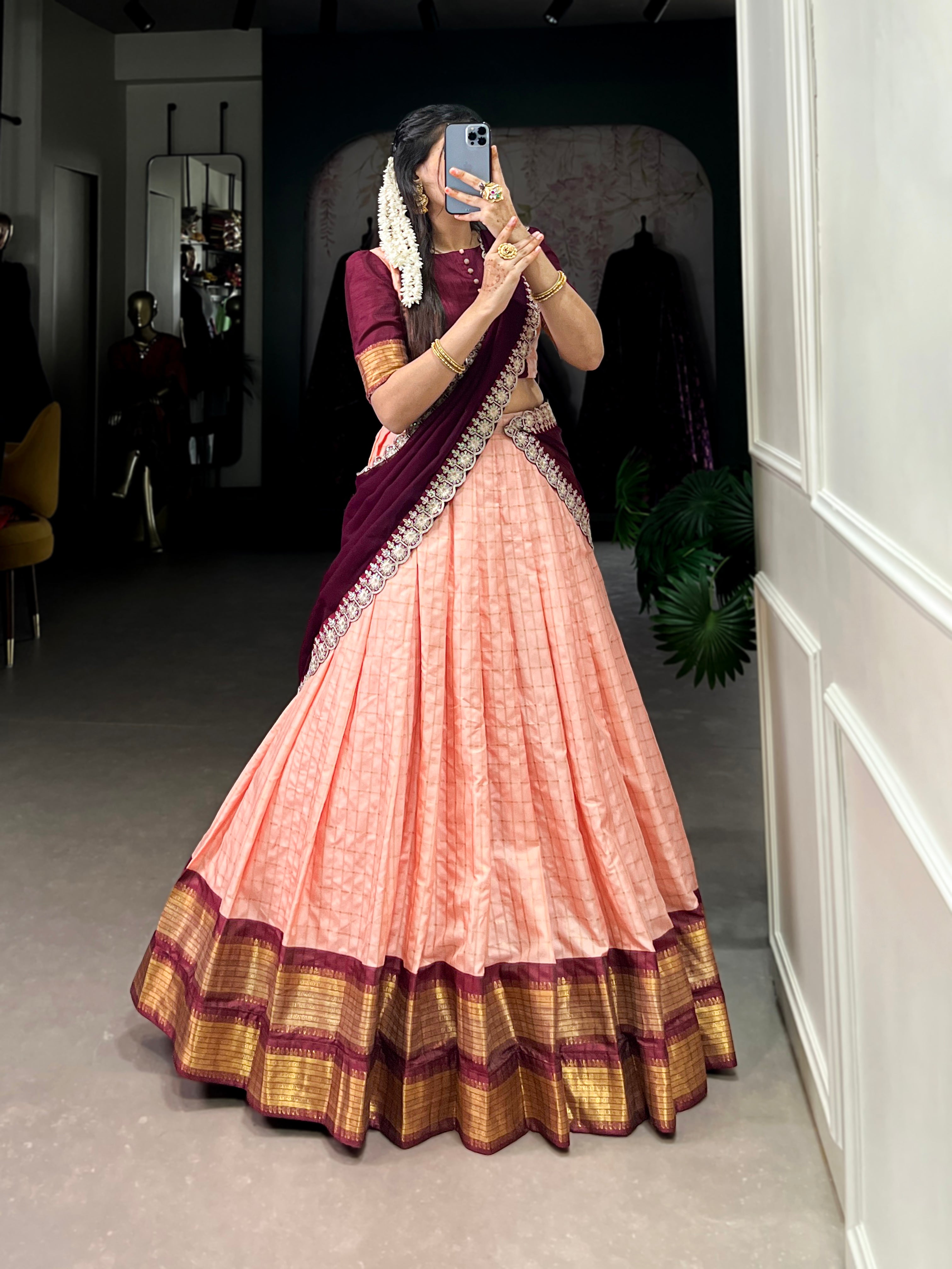 Timeless Zari Chex Weave Lehenga with Contrasting Wine Dupatta