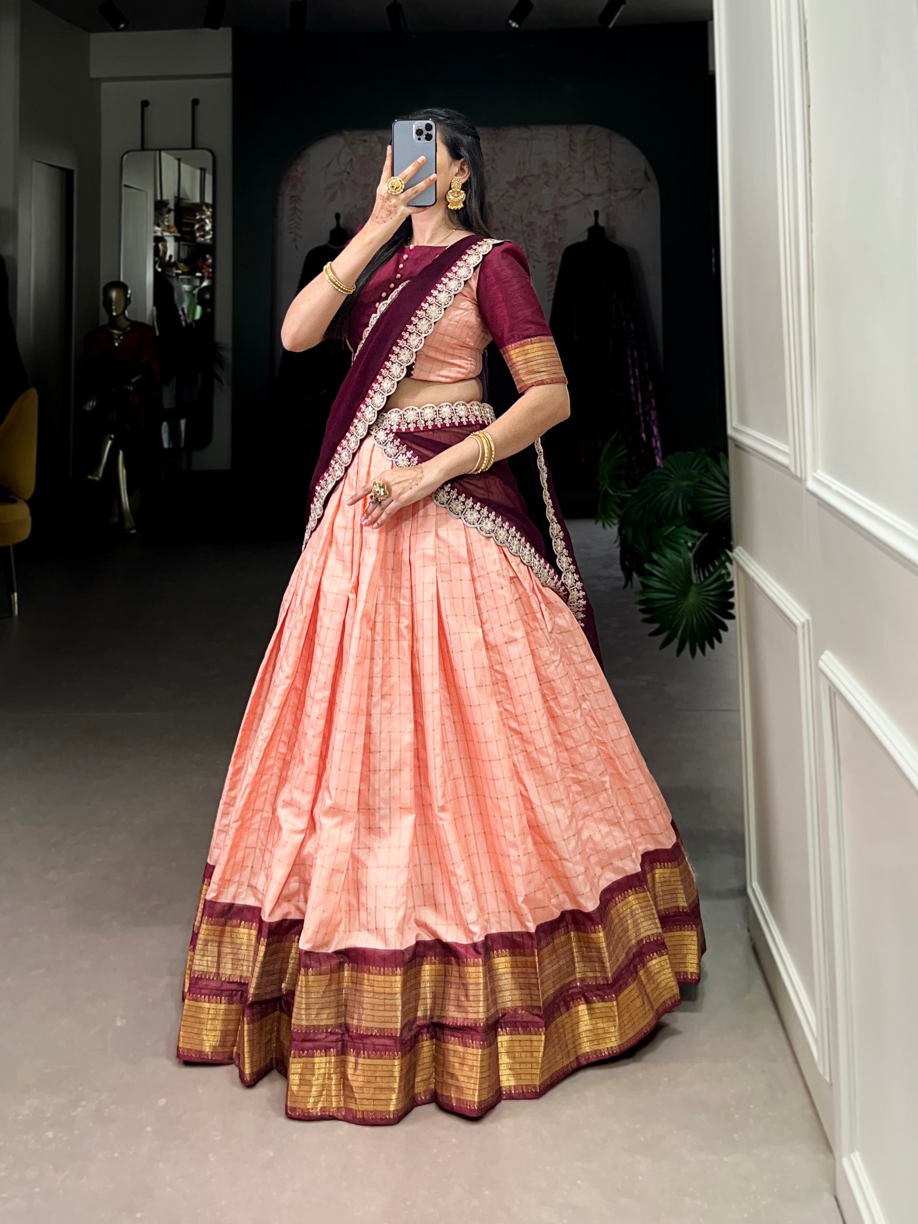 Timeless Zari Chex Weave Lehenga with Contrasting Wine Dupatta