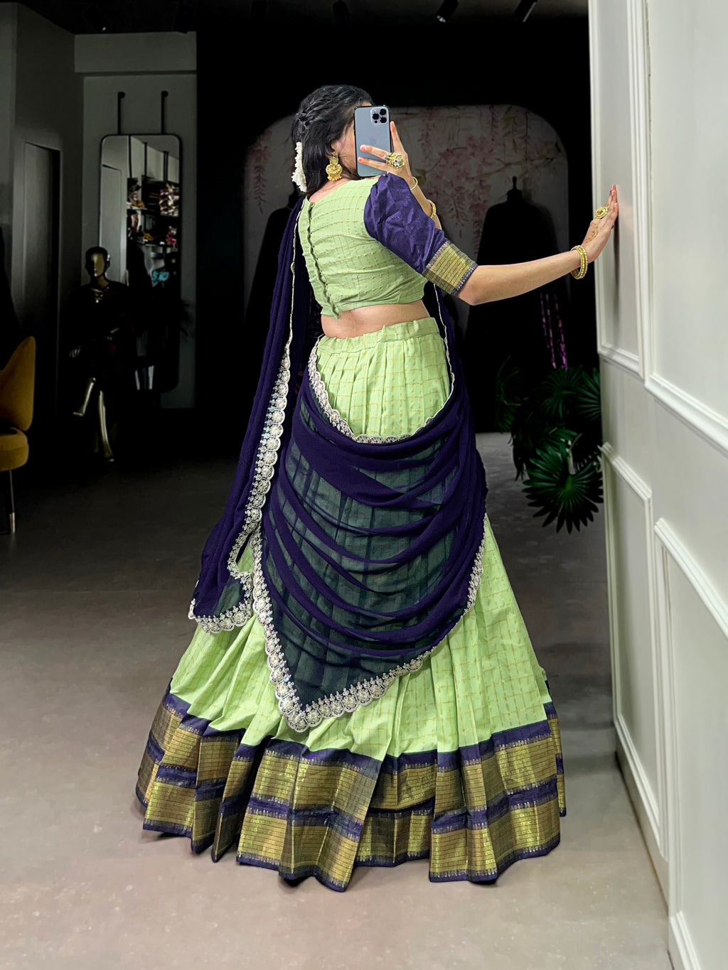 Timeless Zari Chex Weave Lehenga with Contrasting Wine Dupatta